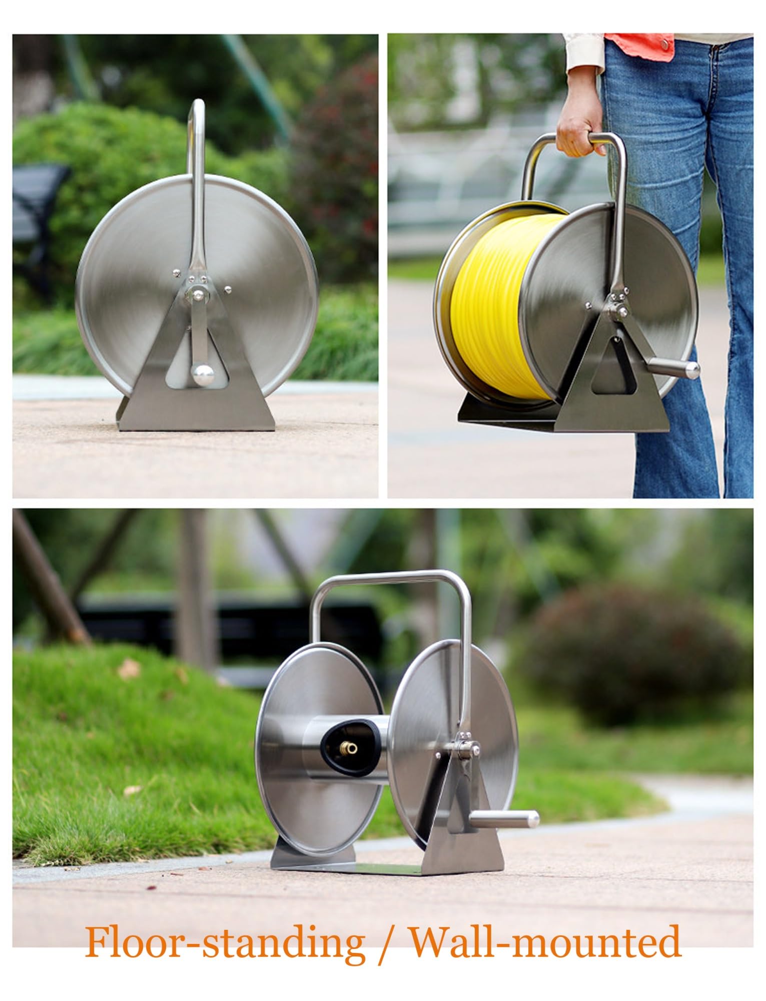 Avvolgitubo da giardino, supporto da parete in acciaio inox con capacità di 30 metri, include tubo di ingresso da 2 m e manovella per una facile irrigazione