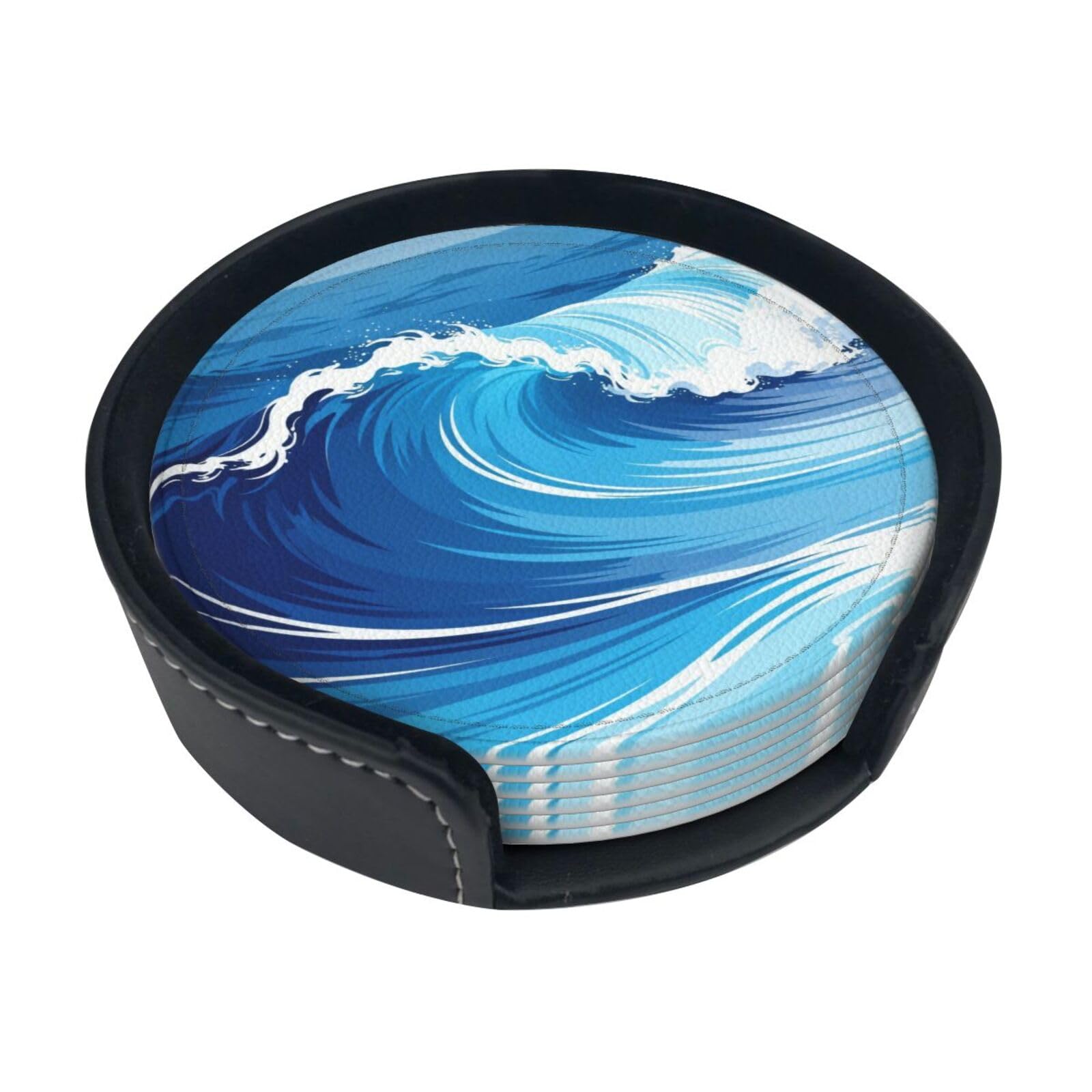 Cntdbu White Ocean Wave Blue Leather Coasters Set Of 6-Pu Leather Drink Mats For Table, Heat Resistant Round Coasters With Holder
