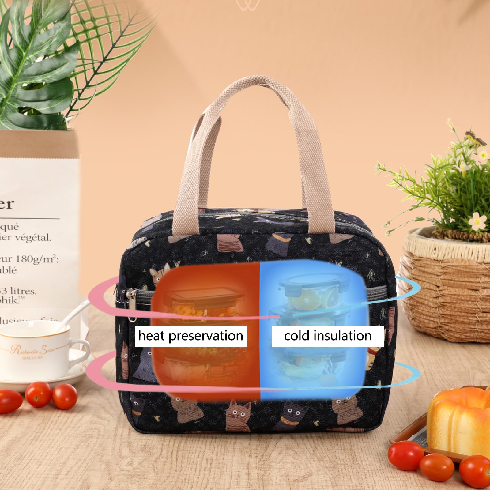 PLUSHCEWT Insulated Lunch Bag for Men Women Canvas Lunch Box Waterproof Reusable Cooler Bag Retro Cat Print Thermal Lunch Bags with Soft Handle for Adults Children School Work Outdoor Picnic 7.5L (A) - Image 4