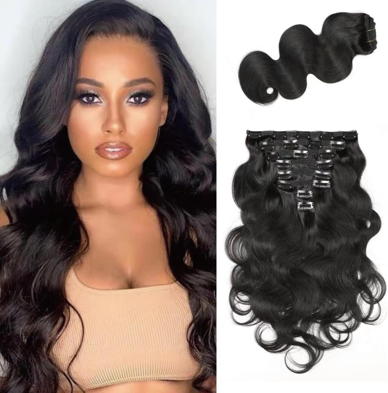 Body Wave Clip Ins Human Hair 8Pcs/Set 120 Gram Body Wave Clip in Hair Extensions 10A Brazilian Virgin Human Hair for Black Women Natural Black Color 22 Inch