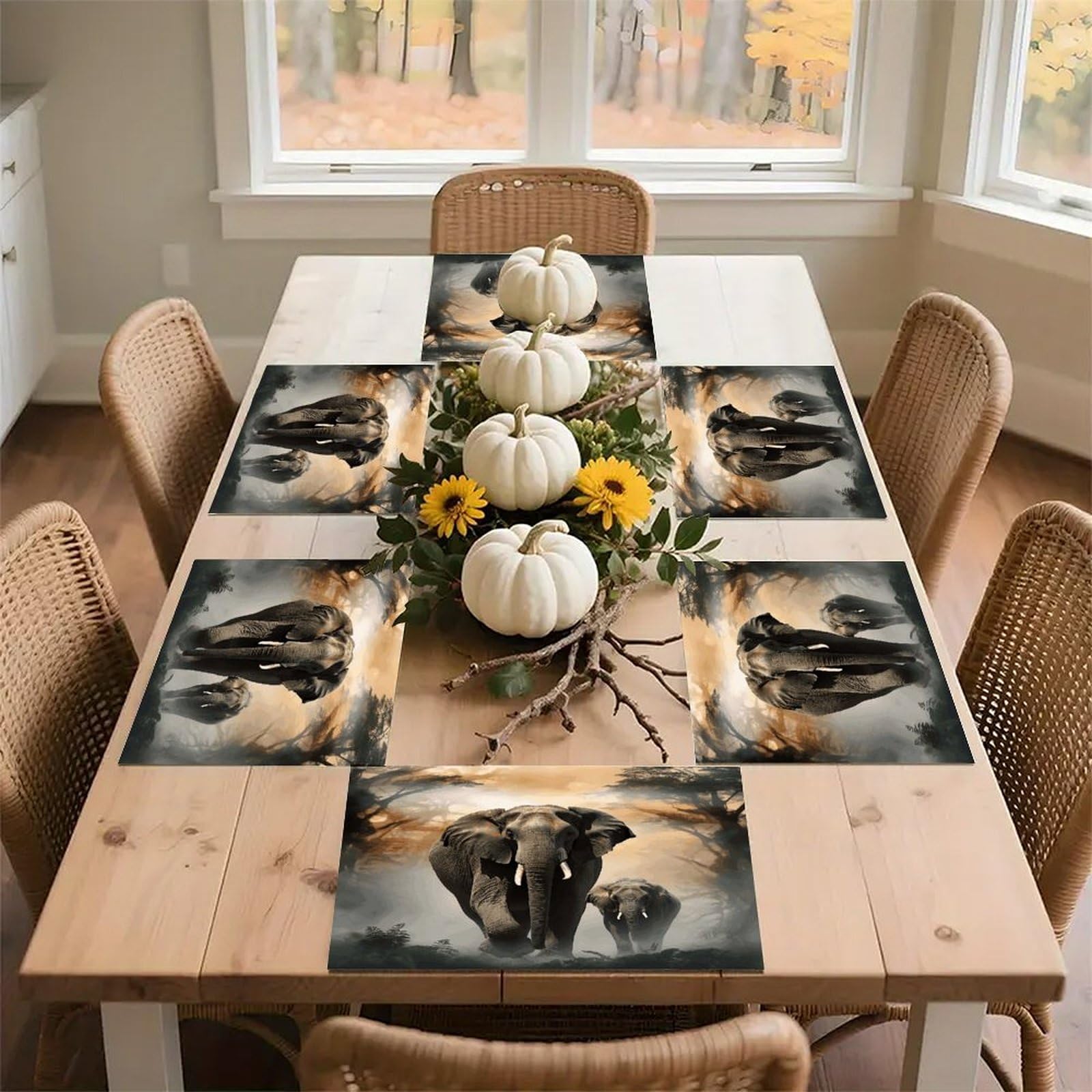 Elephant in The Fog Placemats Wipeable Heat Resistant Table Mats Washable Flax Place Mats Elegant Cloth Non-Slip Placemat for Kitchen Dinning Party Table Decor 12 * 18 in