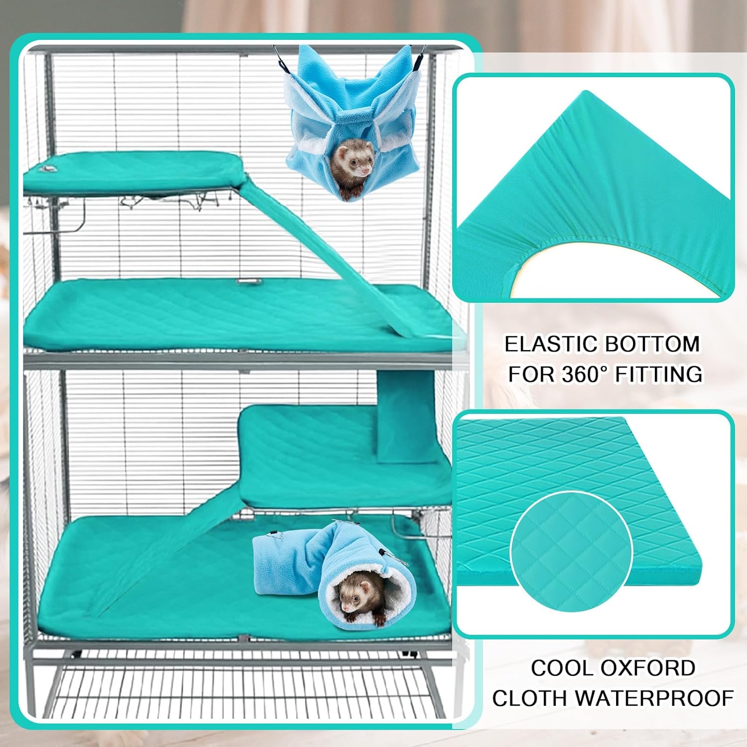 9 Pcs Ferret Cage Liner Set with Hammock and Tunnels Washable Guinea Pig Rat Ferret Pads Bedding Cage Accessories Kit for Small Animals Hamster Rats Chinchillas Hedgehogs Guinea, Blue