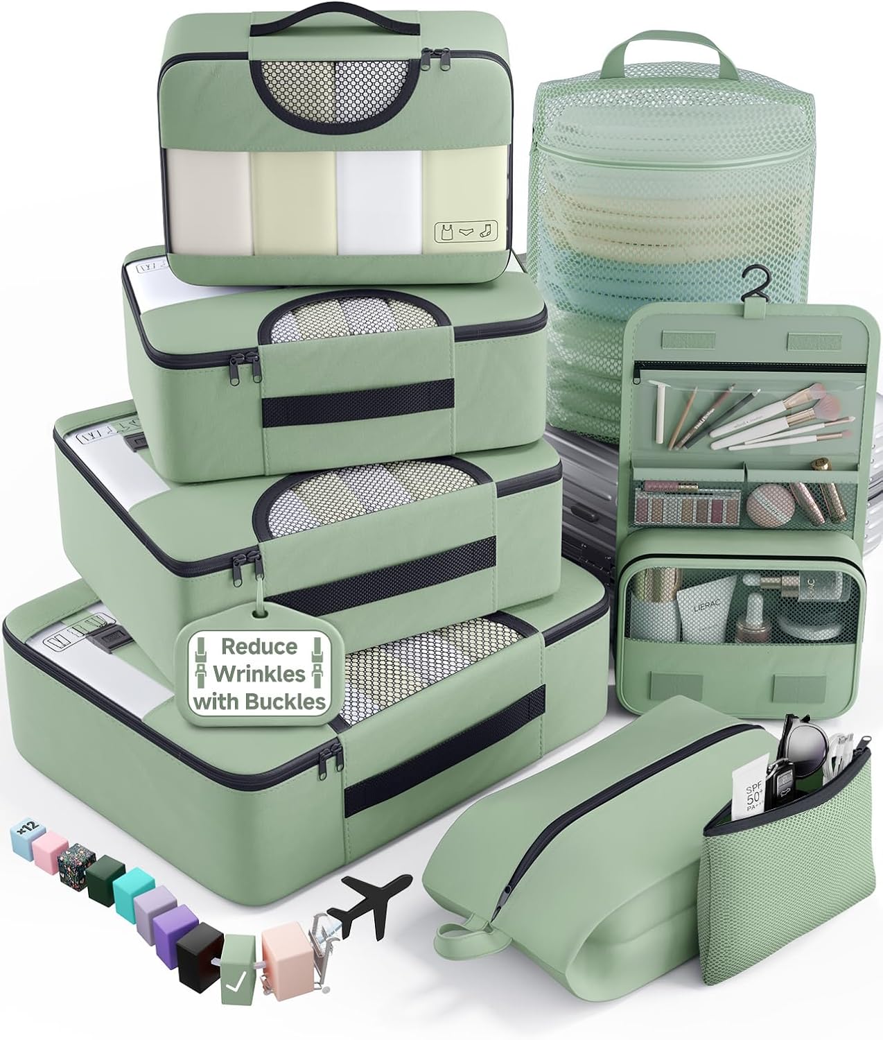 Veken 8 Set Packing Cubes for Travel Essentials,Anti-Wrinkle Buckled Suitcase Organizer for Shoe & Toiletry Bag,Carry On Luggage Bag with 99+ Count Mesh Holes for Airplane & College Dorm Accessories