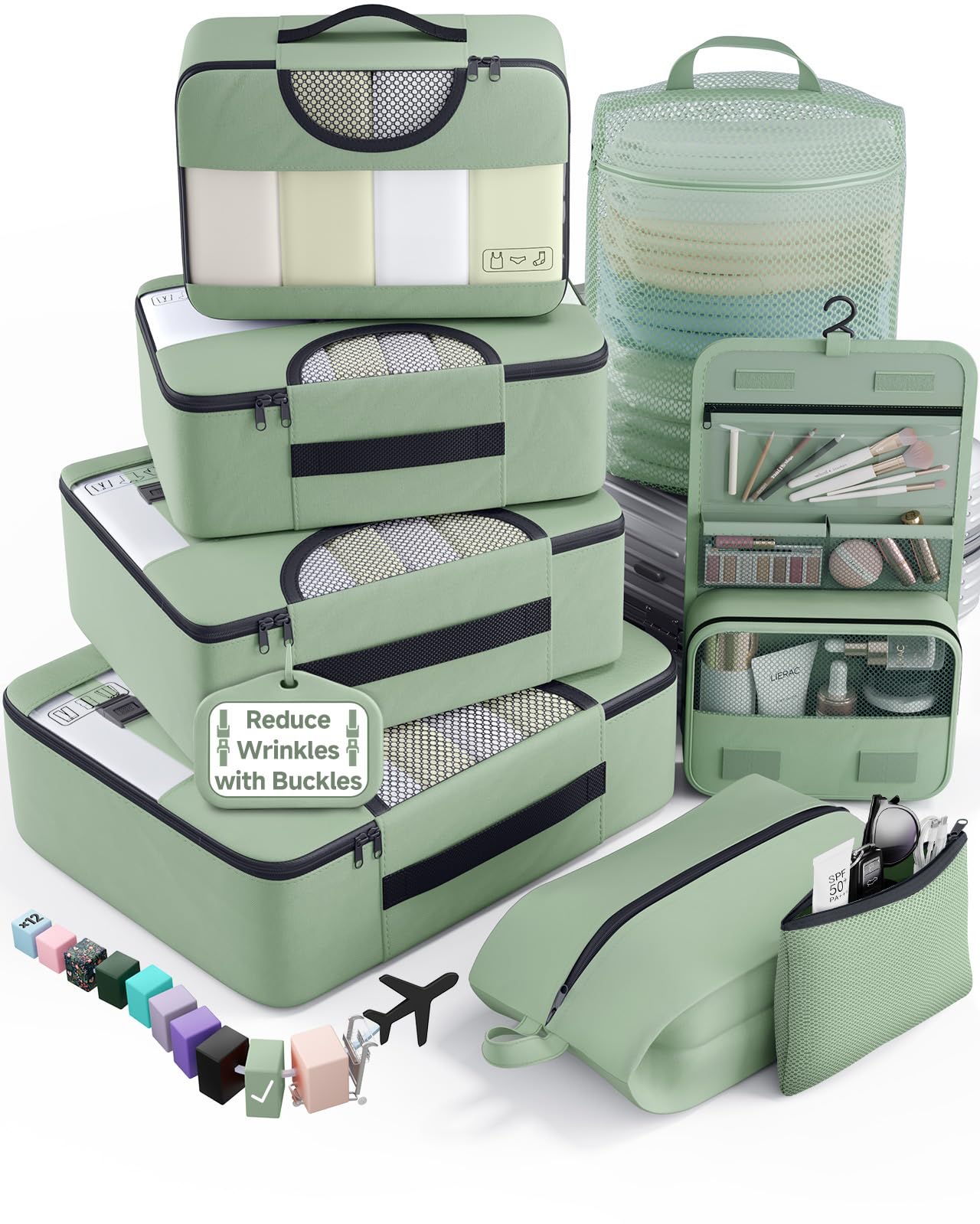 Veken 8 Set Packing Cubes for Travel Essentials,Anti-Wrinkle Buckled Suitcase Organizer for Shoe &amp; Toiletry Bag,Carry On Luggage Bag with 99+ Count Mesh Holes for Airplane &amp; College Dorm Accessories
