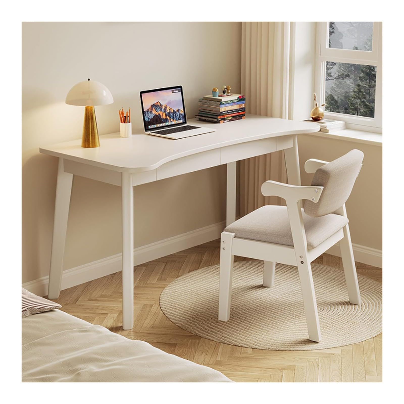 WDSOPK Computer desk Home Office Desk Solid Oak Writing Desk - Home Office Desk with Storage Drawers,Bookshelf Workstation for Study Play Work Bedroom Home Office（White-39 In）