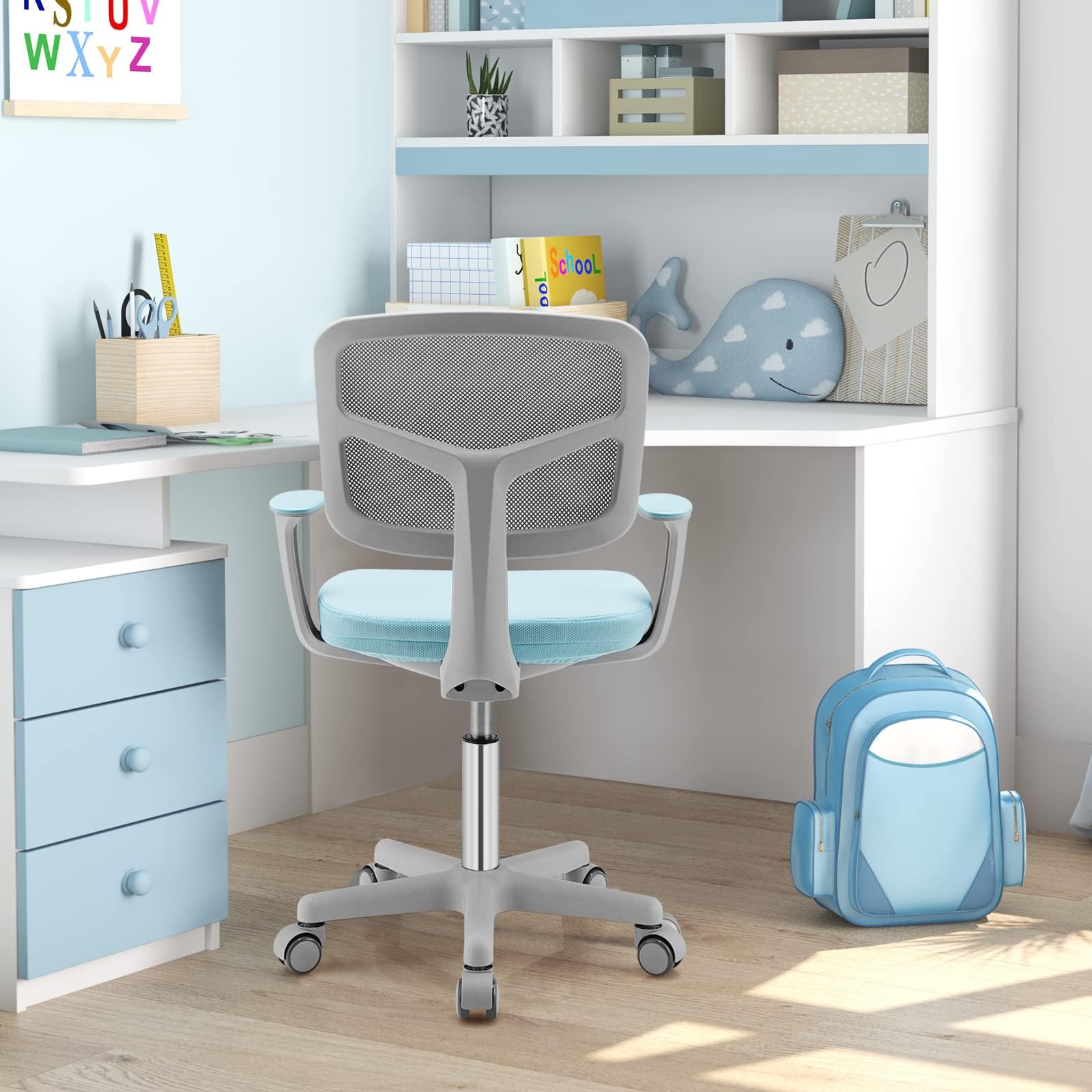 GYMAX Sedia da Scrivania per Bambini, Carico 150 kg, Sedia Ergonomica, Altezza Regolabile, Girevole a 360° (BLU)