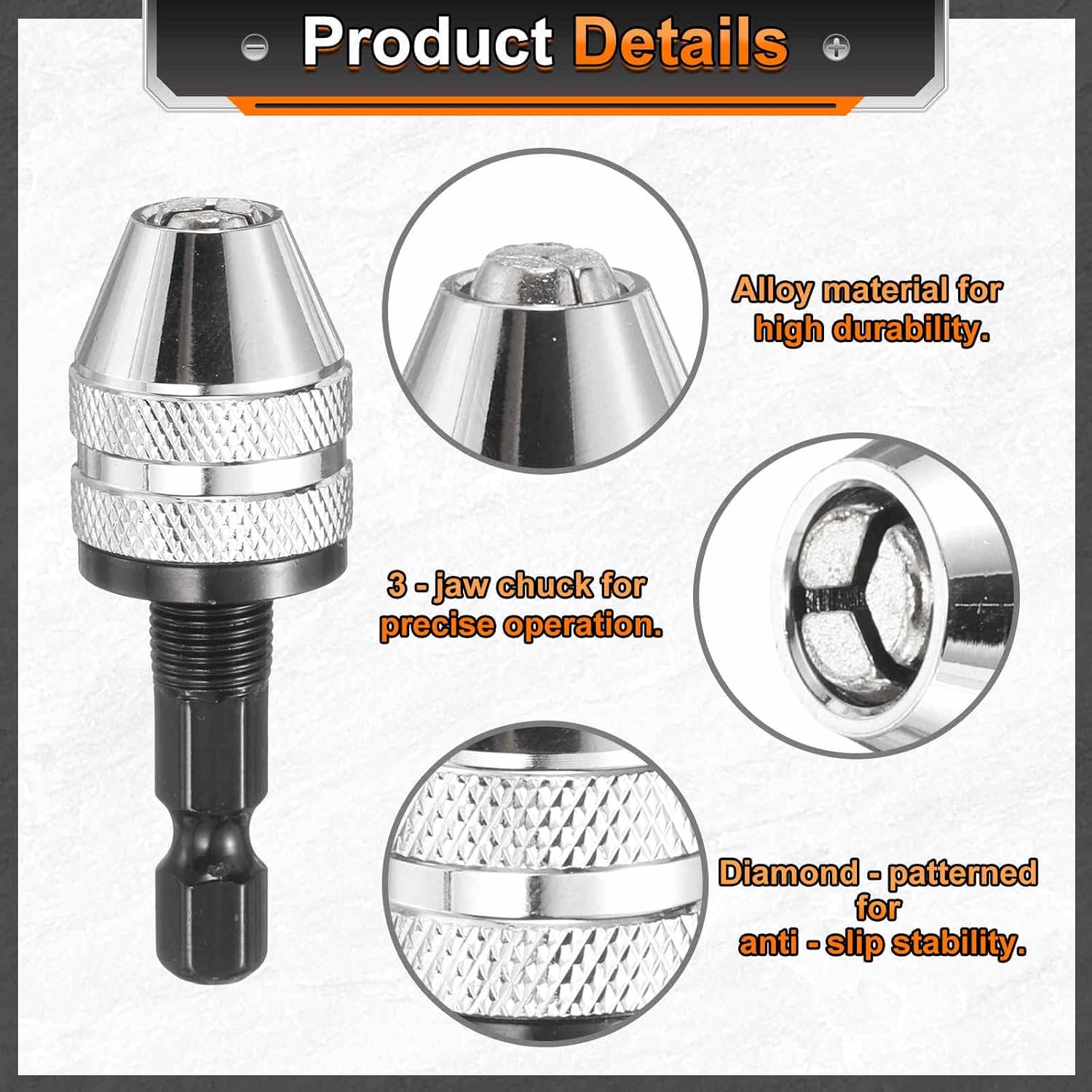 HARFINGTON Keyless Drill Chuck 1/4" Hex Shank Chuck Conversion Adapter 0.012"-0.14" Quick Change for Round-Shank Cordless Screwdrivers Drills Power DIY Tools, Silver