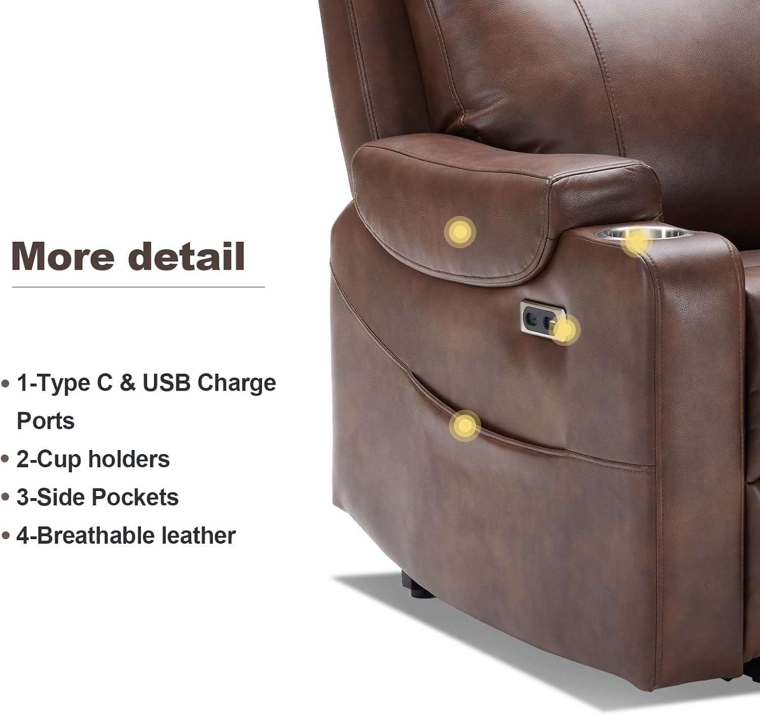 Eiayeebil Power Lift Chair with Adjustable Lumbar Support, Lay Flat Recliner Chair for Elderly, Three Motor Breathable Leather Recliner, Lift Chair Massage & Heating, USB Ports, Cup Holders Brown