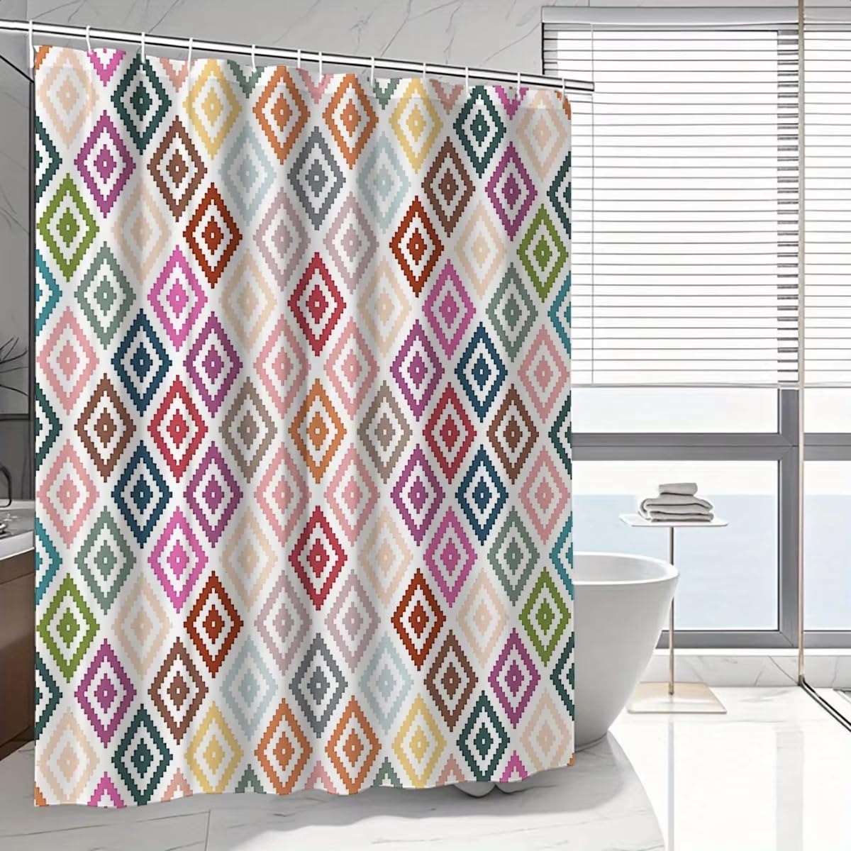 KELAIMI Colorful Bohemian Diamond Shower Curtain,Ethnic Aesthetic Geometric Bathroom Curtain,Waterproof Polyester Fabric Bathtub Curtain with Hooks Colorful 90X180Cm
