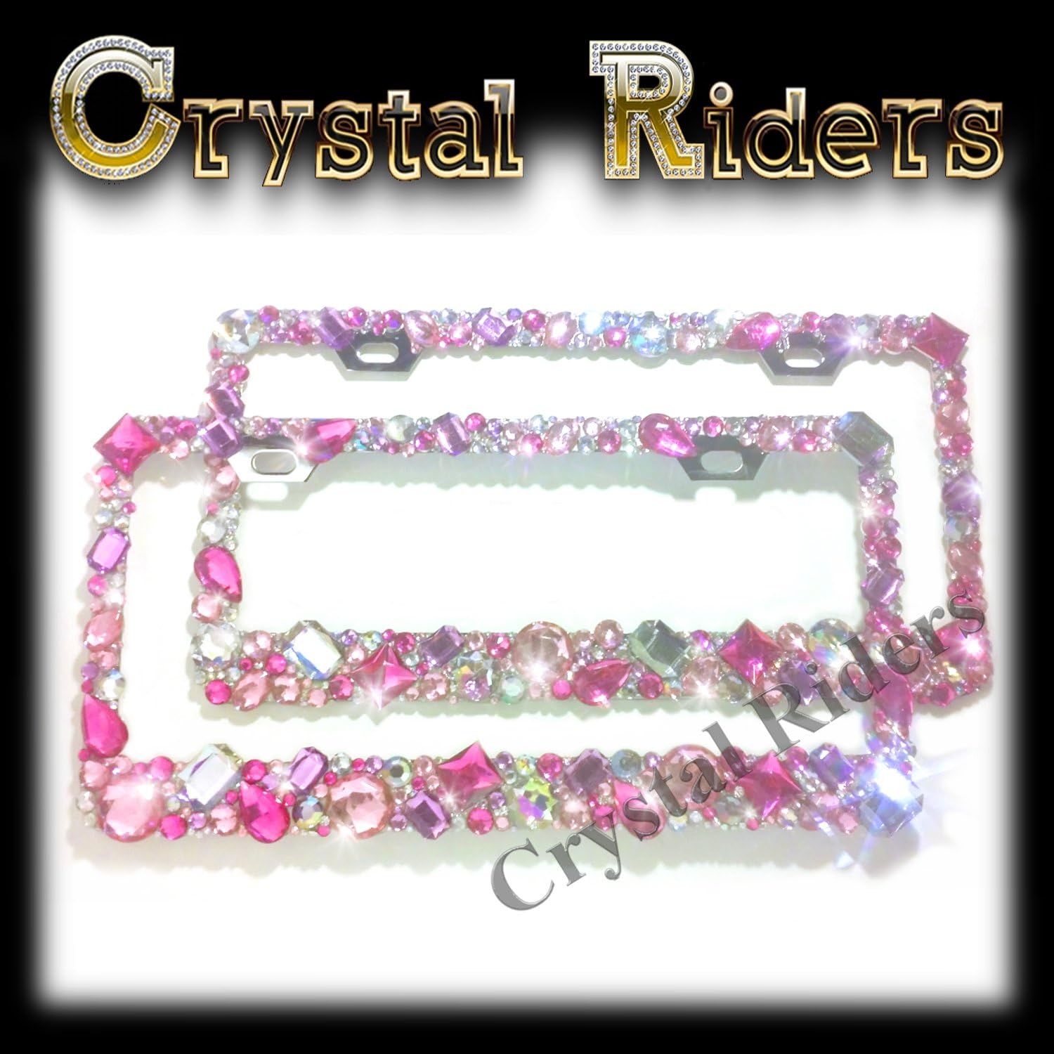 PAIR OF 2 Bling License Plate Frame with PINK Crystals Ab Iridescent Clear Metal Chrome Zink Alloy Holder Sparkly Sparkle Custom Hand Made Hand Crafted 2 SET