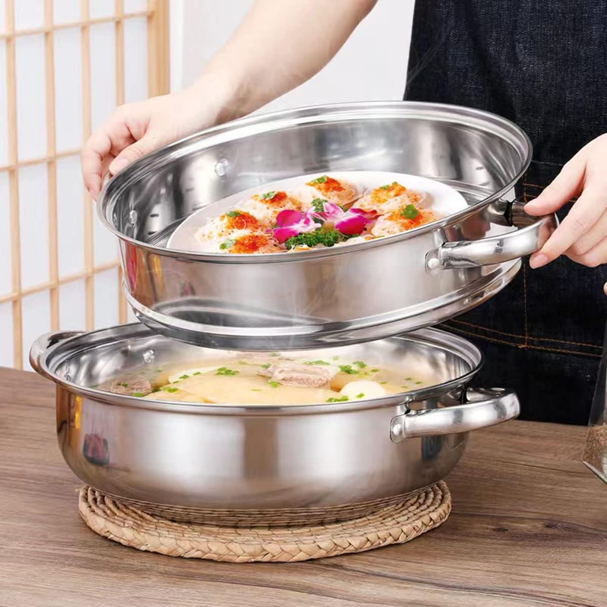 Steamer for Cooking, 6.0 Quarts Stainless Steel Steamer Pot, 2-Tier Food Steam Pots with Lid for Cooking Vegetables, Seafood, Soups, Stews and Pasta, 11.4 x 6.6 inch