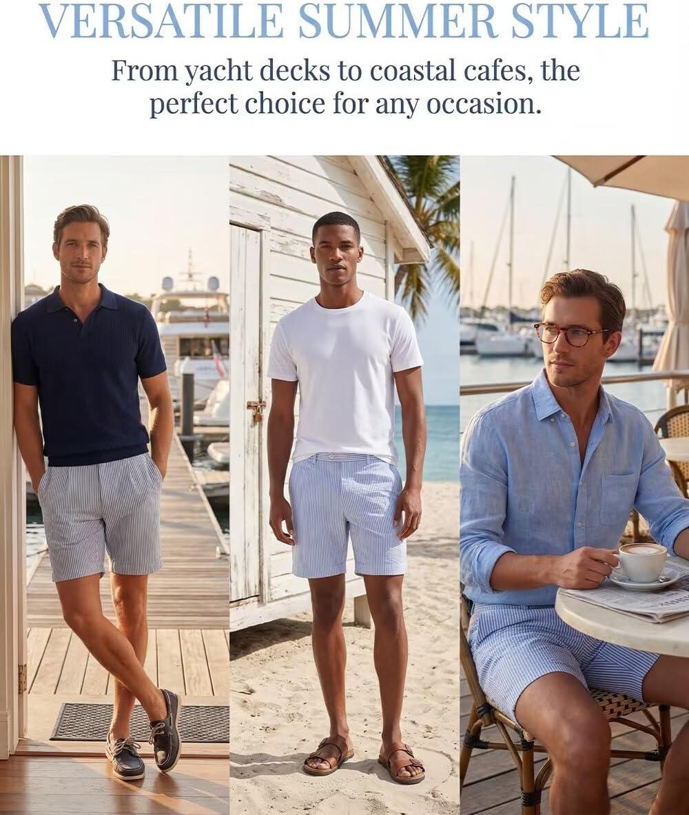 Seersucker Mens Shorts Pant Summer Striped Slim Fit Flat Front Short Pants Casuals Office Beach Pants for Men