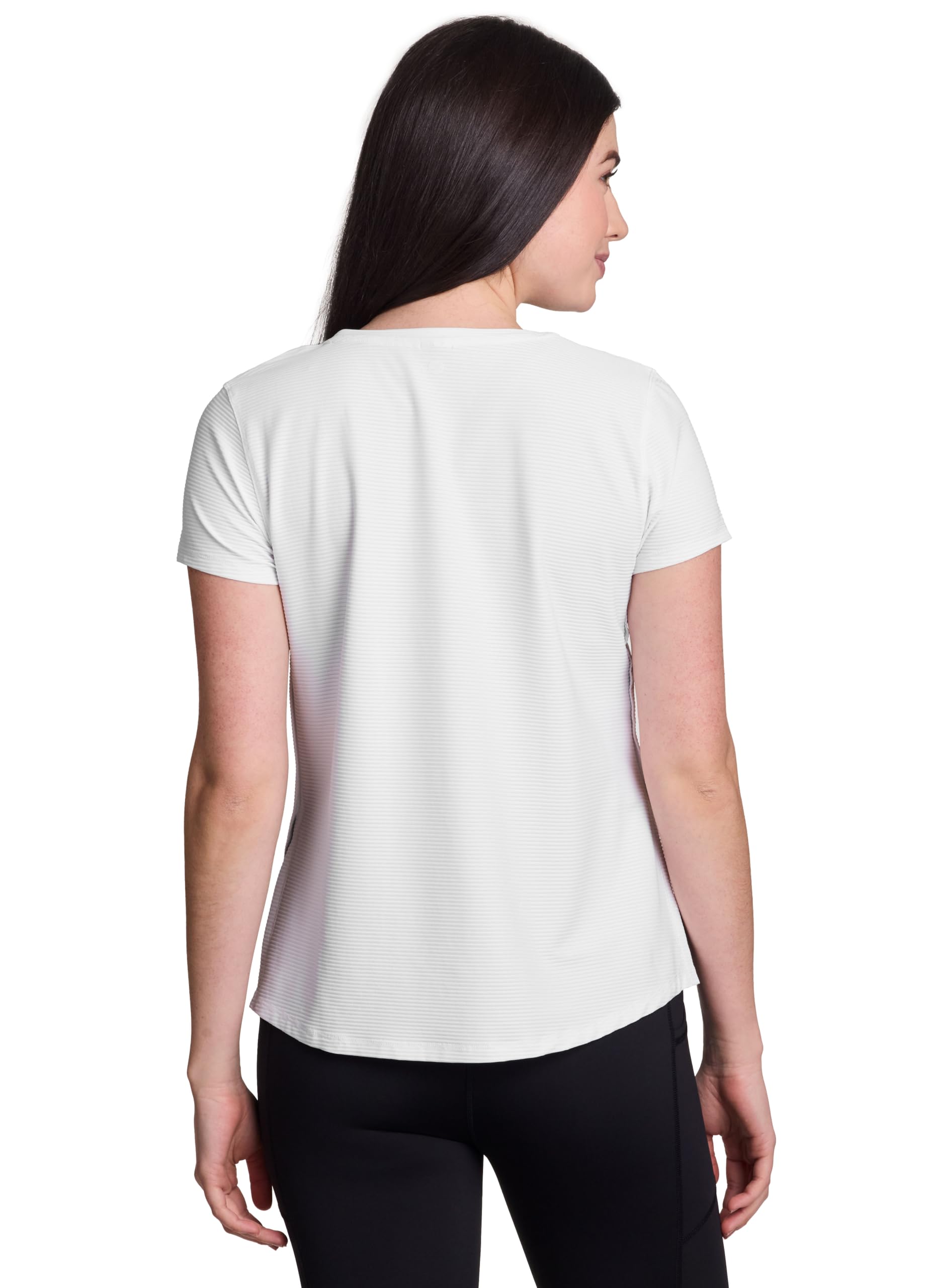 RBX Active Women's Quick Drying Gym T-Shirt with Side Vents, Short Sleeve Breathable Closed Mesh Workout Top Shadow Stripe White