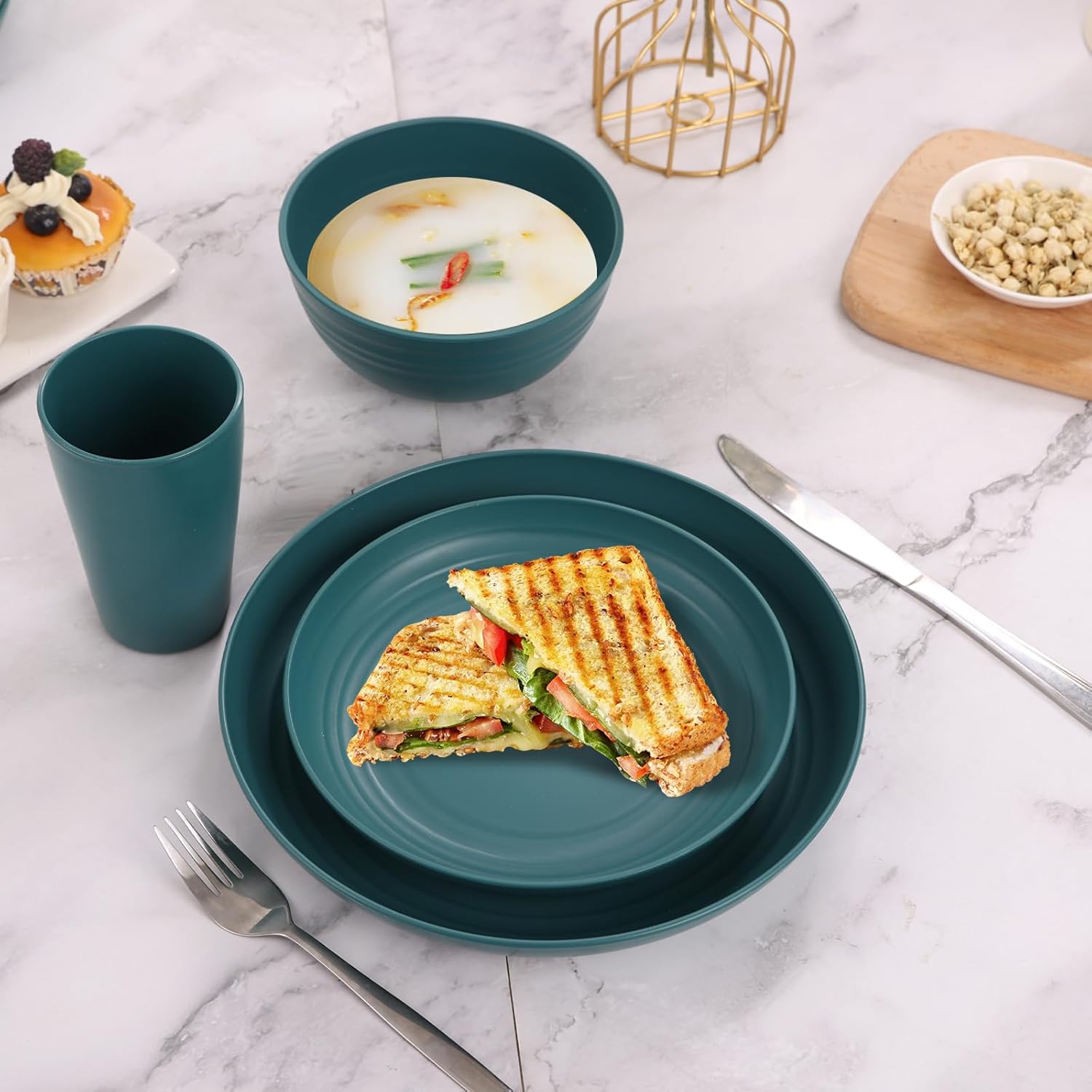 Green Unbreakable Plates and Bowls Sets Microwave and Dishwasher Safe,Dark Green Dinnerware Sets for 8,Christmas Reusable Plastic Dishes Set Lightweight for Kids Elderly Kitchen Adults Camping Outdoor - Image 4