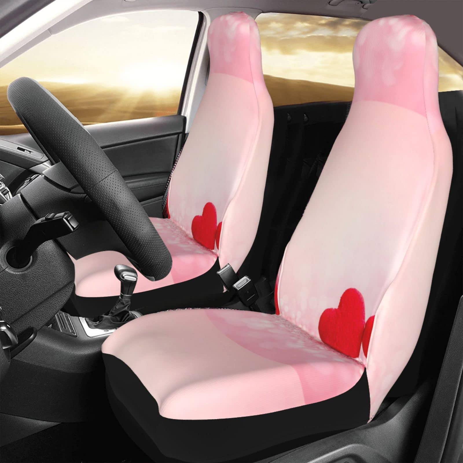 BAFAFA Autositzbezüge-Set, mit rotem Herz, Rosa, mit Glitzer, bedruckt, universal, Auto-Sitzbezüge, Schutz, Autozubehör, passend für Auto, SUV, Limousine, LKW – 2 Stück