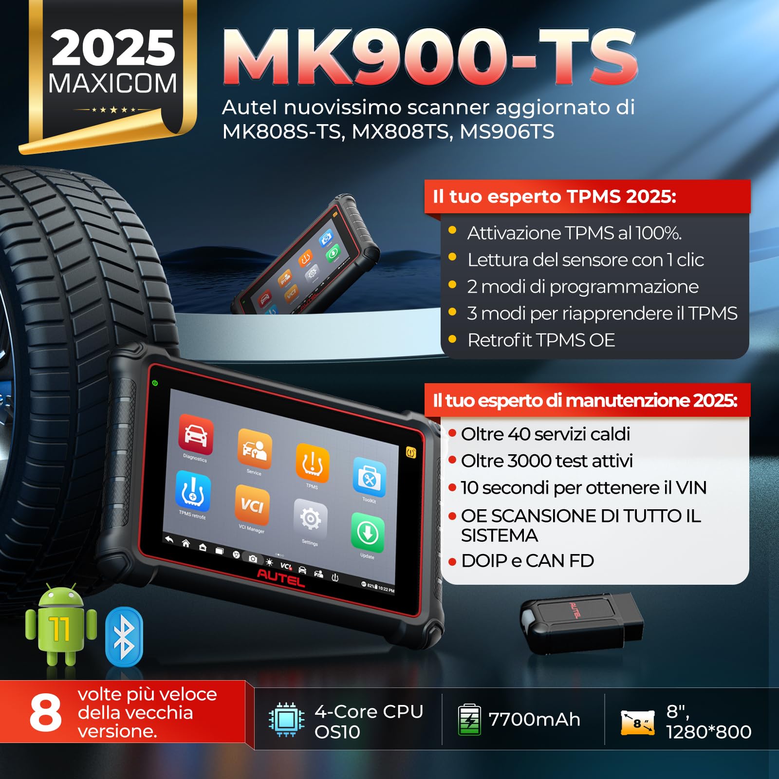 Autel MaxiCOM MK900-TS TPMS Scanner, strumento bidirezionale 2024 aggiornato di MaxiCheck MX808S-TS, MK808S-TS, MS906TS con 40+ servizi, 3000+ test attivi, diagnosi di tutti i sistemi, No-IP limitata