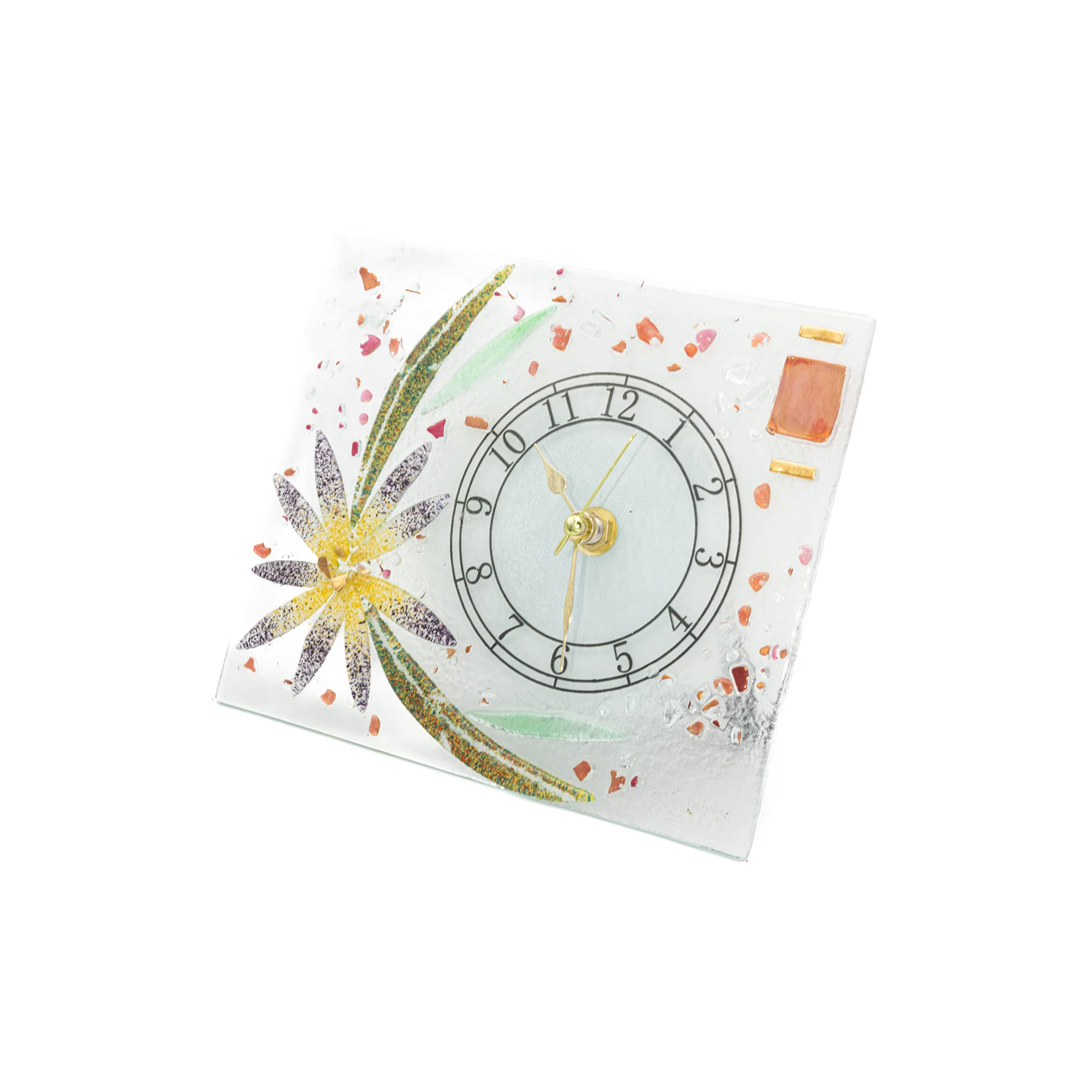 Sospiri Venezia Orologio da Tavolo Vetro Murano Meccanismo Silenzioso Decorato Floreale Oro Idea Regalo Realizzato a Mano Made Italy (18x15 cm)