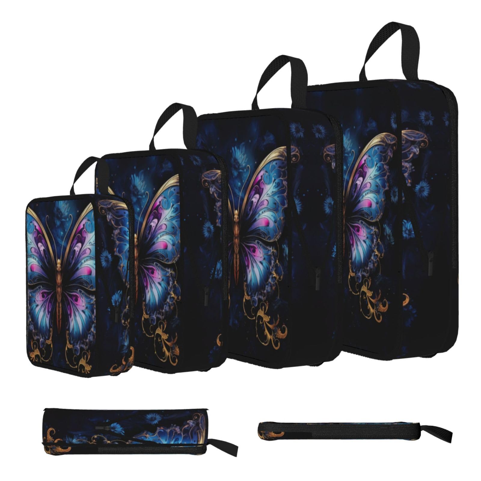 Sxzvvbn Black Fantasy Illustrated Butterfly Compression Packing Cubes 4 Piece Set