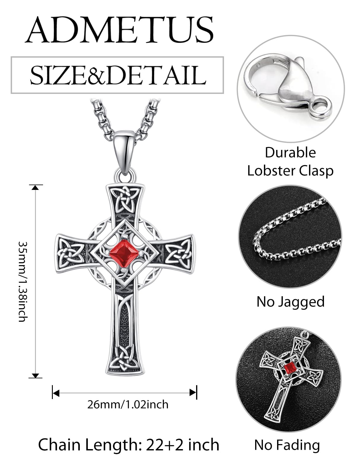 ADMETUS Keltisches Kreuz Anhänger Silber 925 Januar Geburtsstein Halskette Keltischer Knoten Kette mit Geburtsstein Kreuz Schmuck Geschenke für Herren