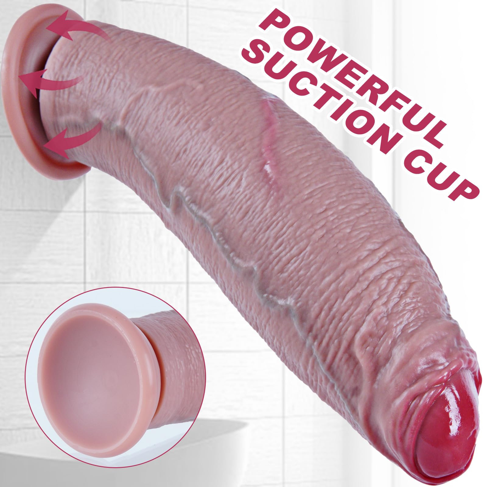 Dildo realista XXL de 33 cm con prepucio, 8 cm de diámetro, en silicona de doble densidad con ventosa fuerte. Modelo no circuncidado de tamaño XXXL, pensado para usuarios con experiencia y uso anal