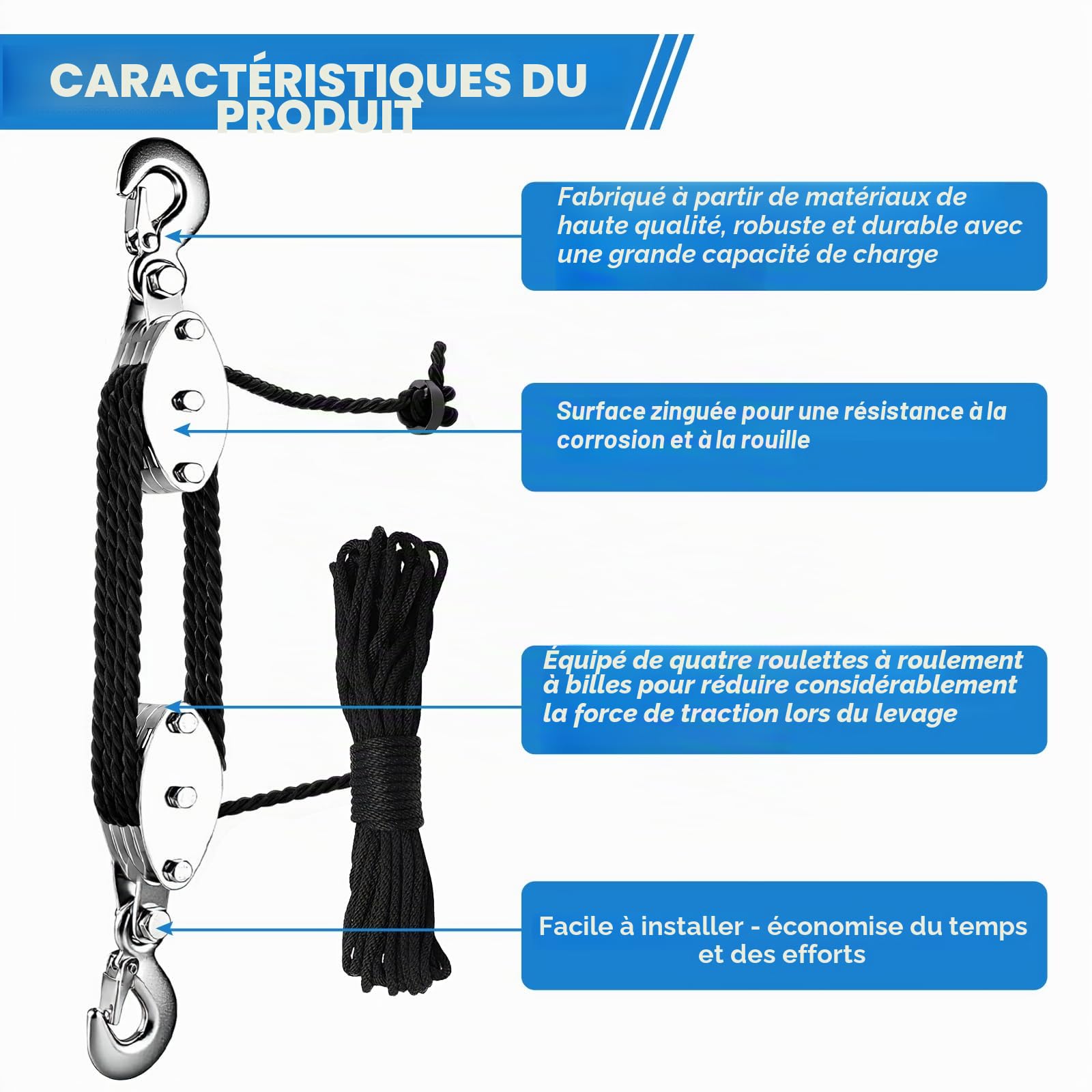 Poulie avec frein à câble - Économie de travail 8:1 - Capacité de levage avec corde de 20 m - 300 kg - Charge maximale pour la chasse, les entrepôts, les garages, le levage d'objets lourds