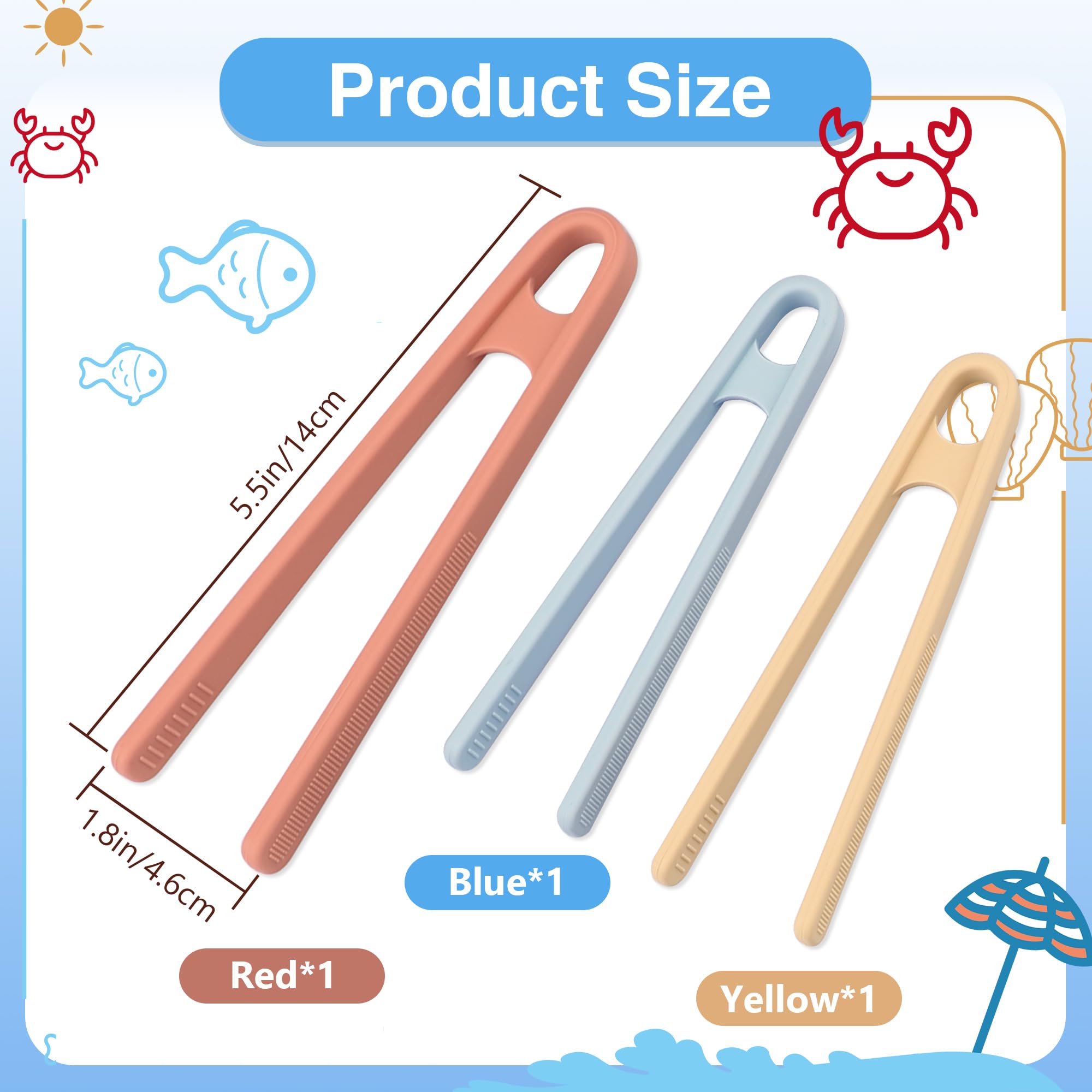 Evenpop 3 Pcs Silicone Mini Tongs 5.5 Inch 3 Colors Small Toddler Tongs, Silicone Toddler Tongs for Fine Motor Skills Preschool Sensory Toys and Accessories