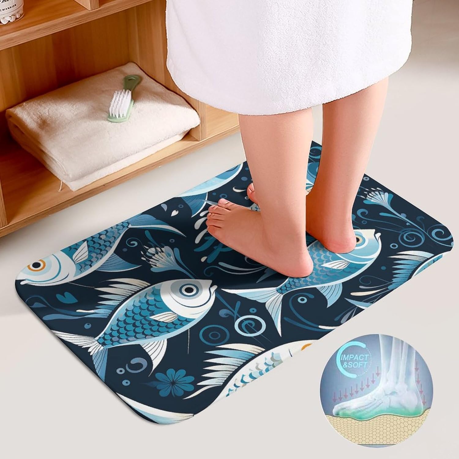 Anti-Skid Floor Mats 3 Piece Set,Cartoon Fish Print Printed Coral Fleece Bathroom Mats U-Shaped Contour Mat Toilet Seat Cover for Bathroom, Tub, Shower, Kitchen 19.7"x31.5"