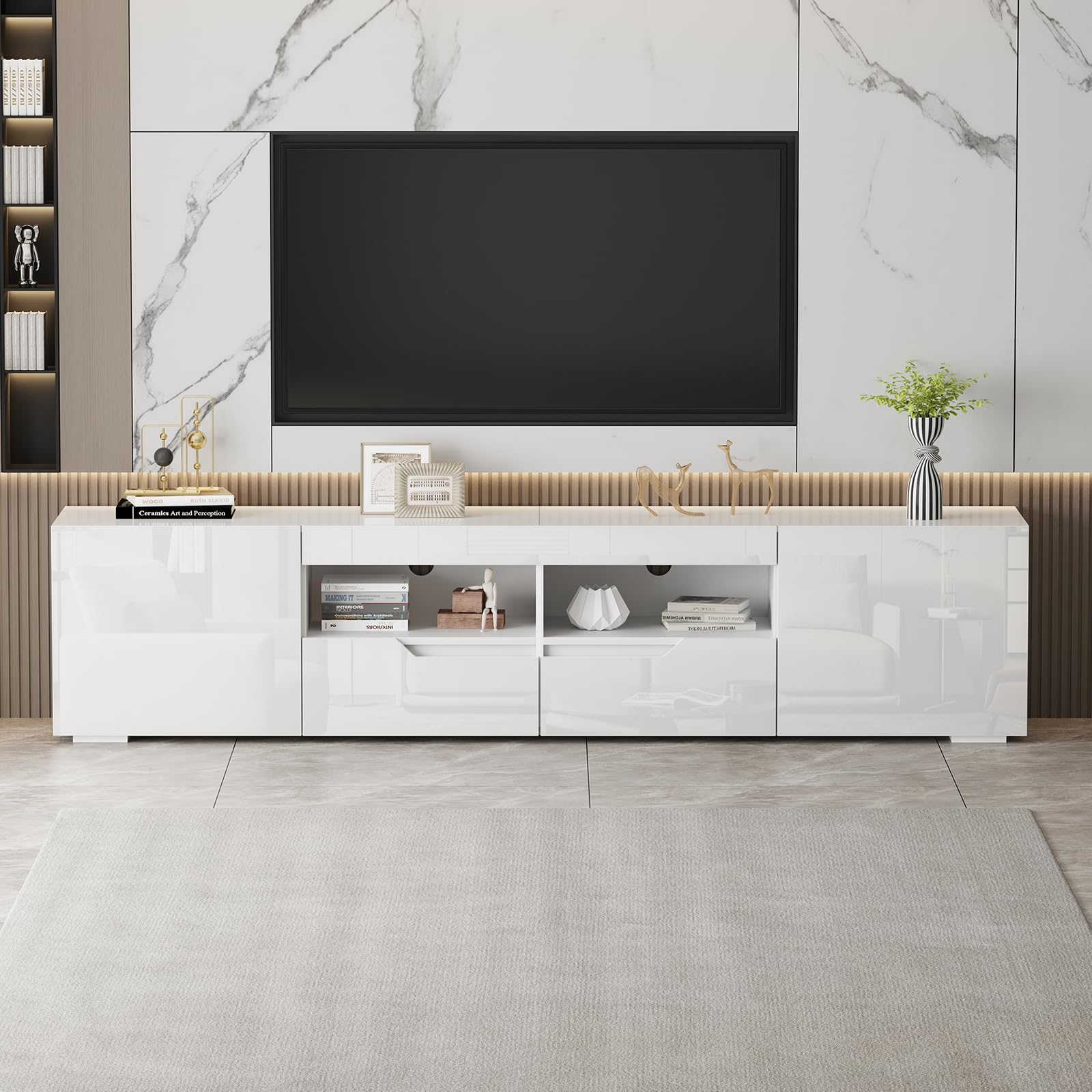 Hochglanz TV-Schrank, TV Lowboard mit Doppel-Schublade und 16 LED Farben Beleuchtung, Fernsehtisch für 65–85 Zoll Fernseher, Griffloses TV Möbel Schränken Für Wohnzimmer Schlafzimmer (Weiß)