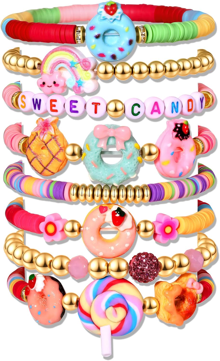 Donut Bracelet for Women Novelty Sweet Dessert Donut Heishi Clay Beaded Stretch Bracelets Stackable Cute Food Elastic Layering Friendship Wrist Jewelry Fun Holiday Birthday Party Gift