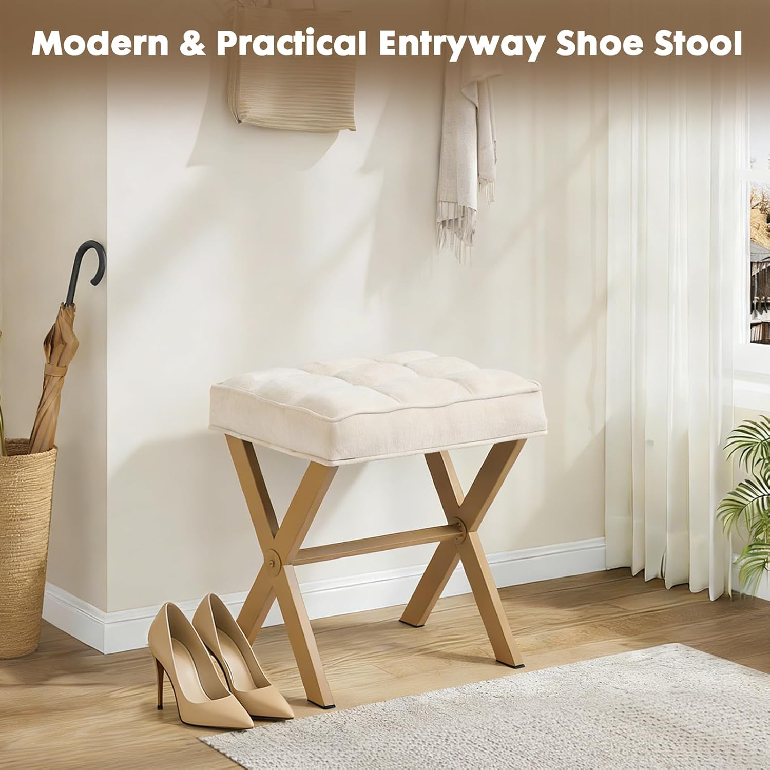 Modern Square Foot Stool Ottoman, Upholstered Vanity Chair with Metal X-Legs & Soft Linen Fabric - Versatile Seat and Footrest for Makeup, Living Room, Bedroom & Entryway(X-Yellow-White)