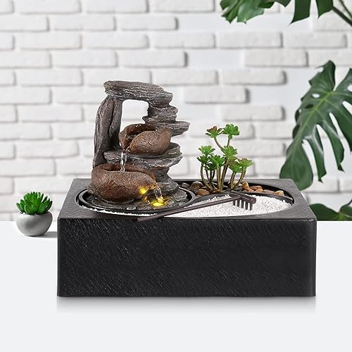 Miniatura 5 de WICHEMI Fuente de agua para interiores, fuente de agua, fuente de mesa, fuente de relajación de jardín zen con luz LED cálida para oficina, hogar y