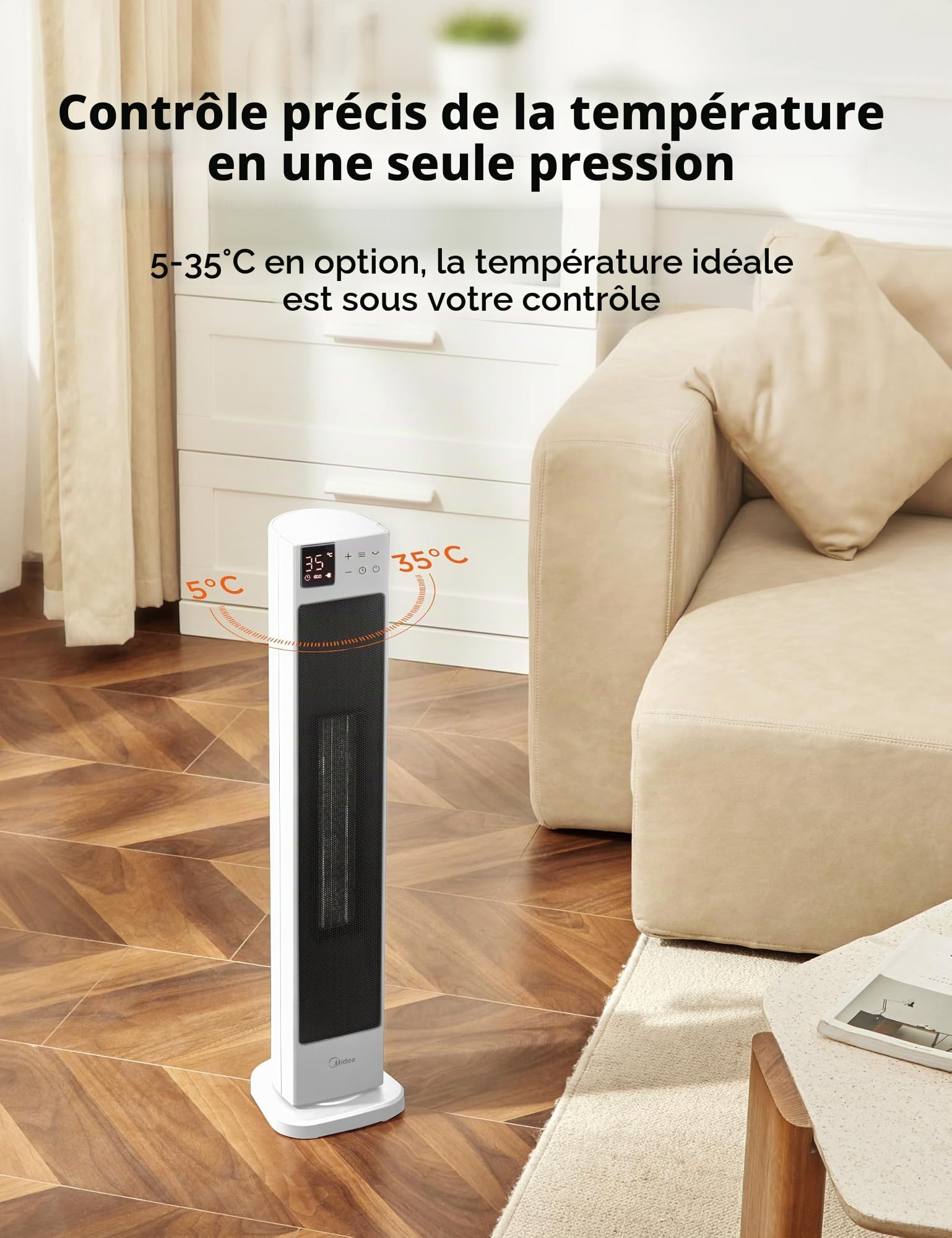 Midea Chauffage Électrique Économique et Silencieux avec Télécommande, PTC 2000W Radiateur en Céramique avec Thermostat, Minuterie 24H, Mode ÉCO, pour Grandes Pièces, Oscillation à 75°, 76,5CM