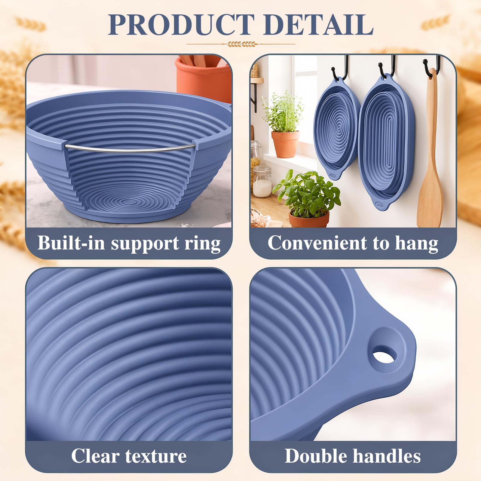 2 Paniers de Fermentation en Silicone pour Pain, Ovale de 29 cm et Rond de 26 cm, Bord Renforcé en Acier IntéGré, Pliables, Panier de Fermentation en Silicone pour PâTe, Pizza, PâTisseries (Bleu)