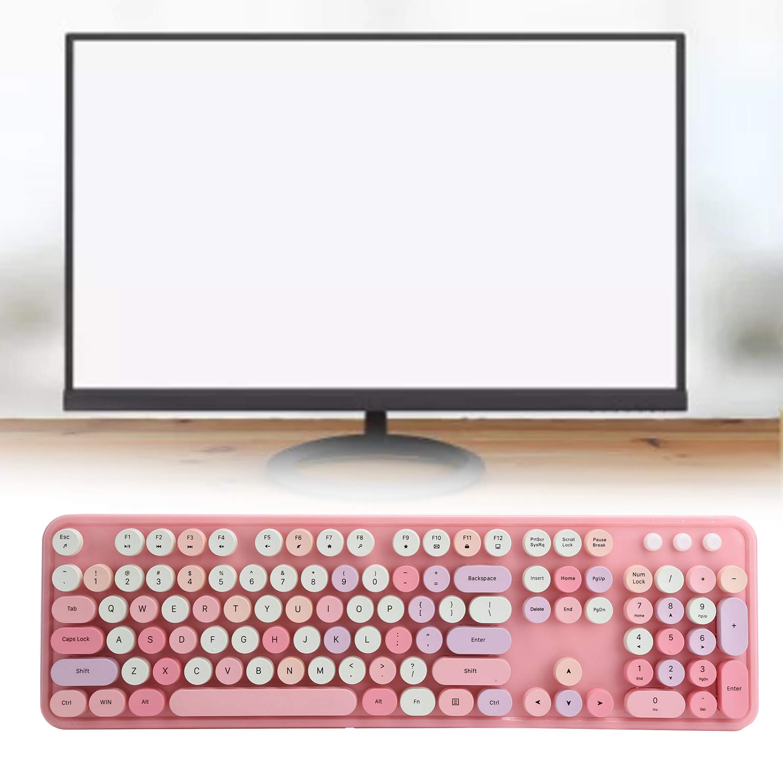 Annadue Draadloze Toetsenbord- En Muiscombinatie – 104 Toetsen, Vintage Typemachinestijl Met Ronde Toetsen – Roze – Voor Pc En Laptop