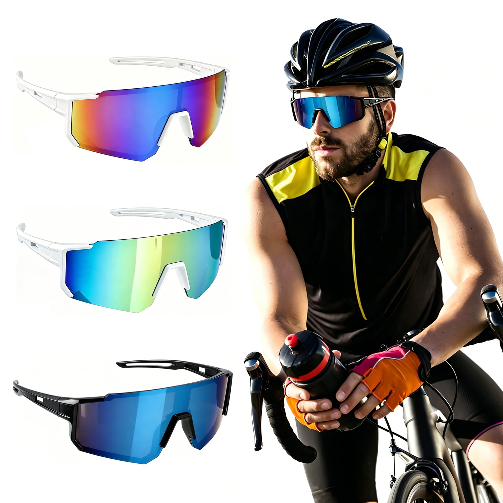 Lot de 3 Lunettes de Vélo Non Polarisées Sport Homme Femme, Lunettes de Soleil Running UV400 Protection Anti-UV, Accessoire Cyclisme pour Course à Pied Triathlon Moto Golf Plein Air