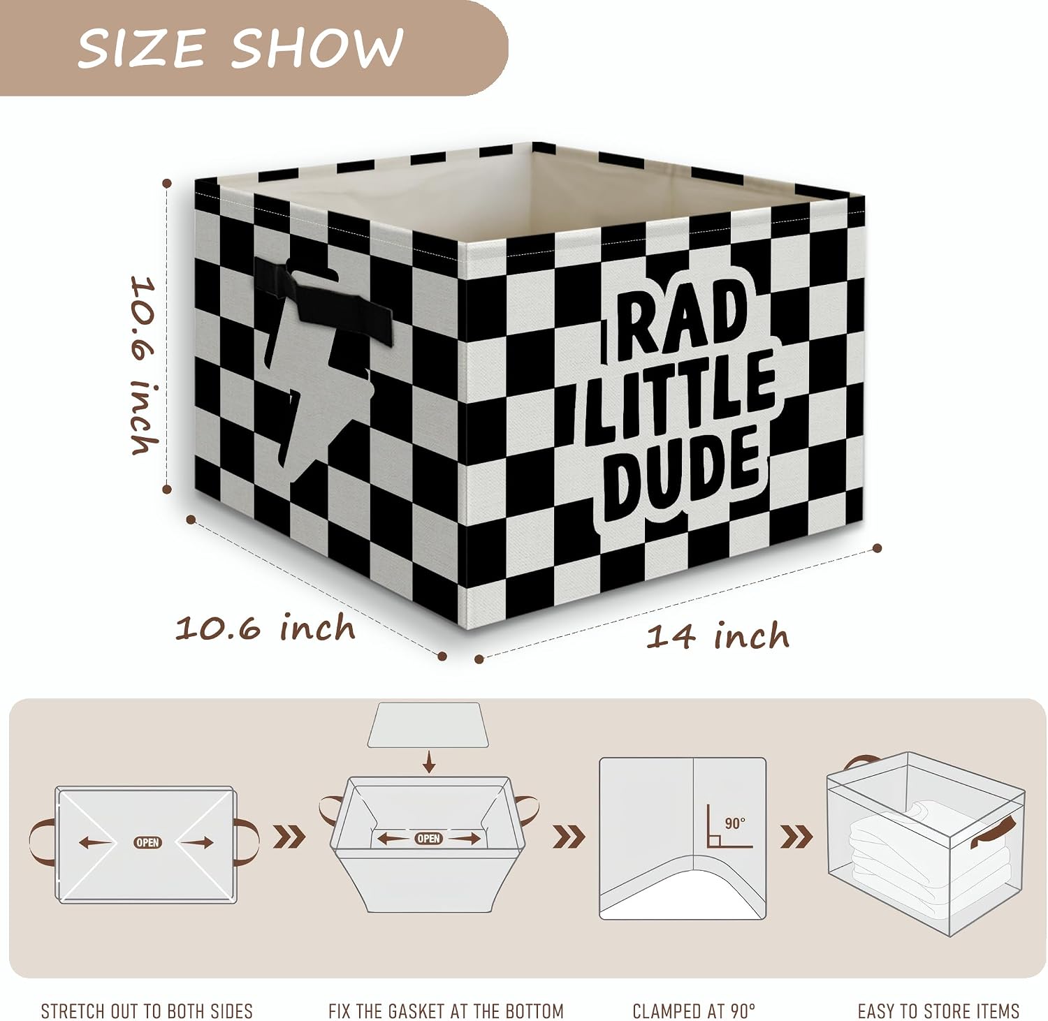 Rad Little Dude Boy Basket Foldable Storage Bins Box with Handles, Black and White Checkered Collapsible Organizer Basket for Kids Boys Bedroom Bathroom Nursery Playroom Clothes Toys Books