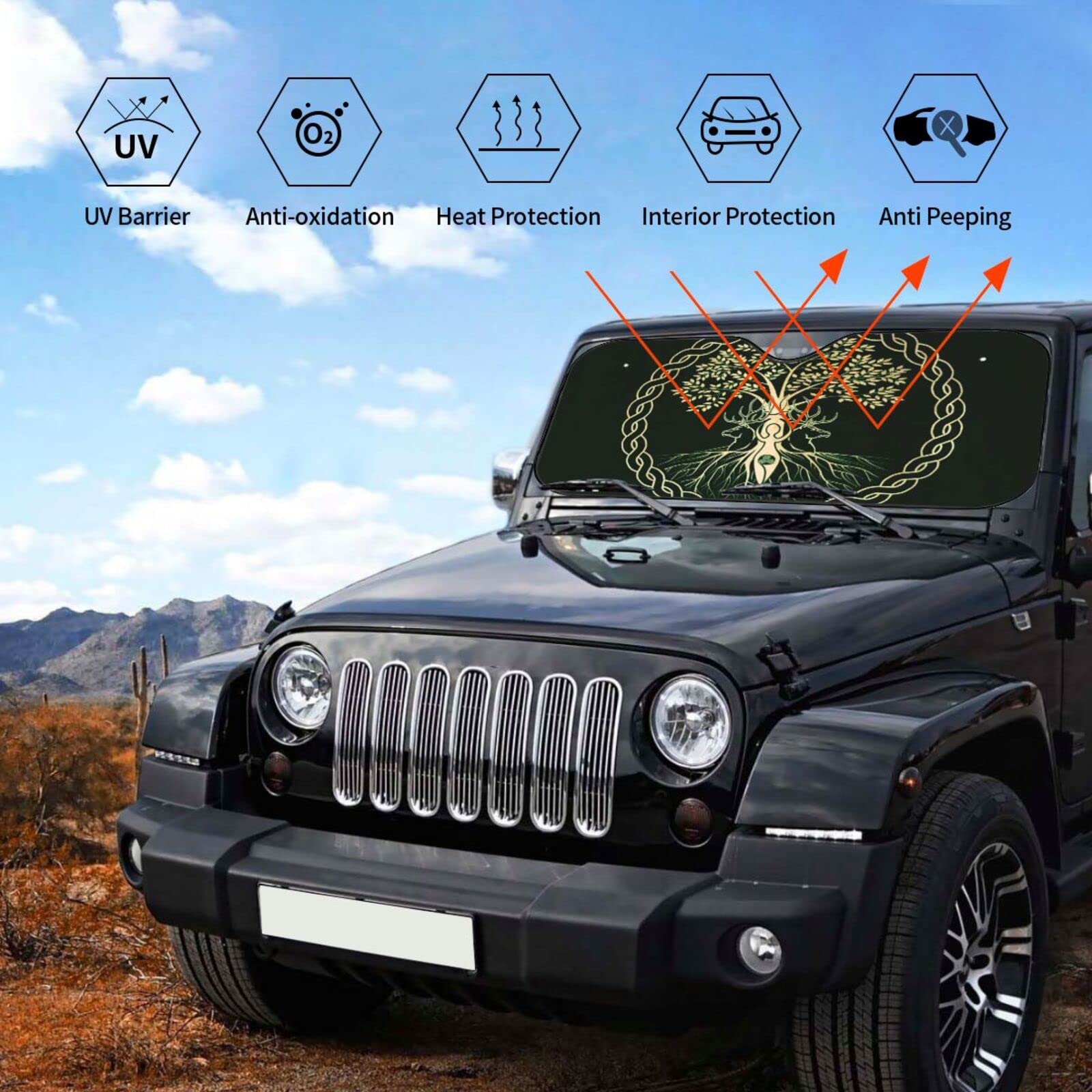 Yule Christmas Tree Pagan Deer Yuletide Wicca Celtic Ritual Norse Nordic Viking Goddess Wiccan Wicca Windshield Sun Shade Front Protector Folding Car Sun Visor Blocks Uv Rays Keeps Your Vehicle Cool: Small Black4