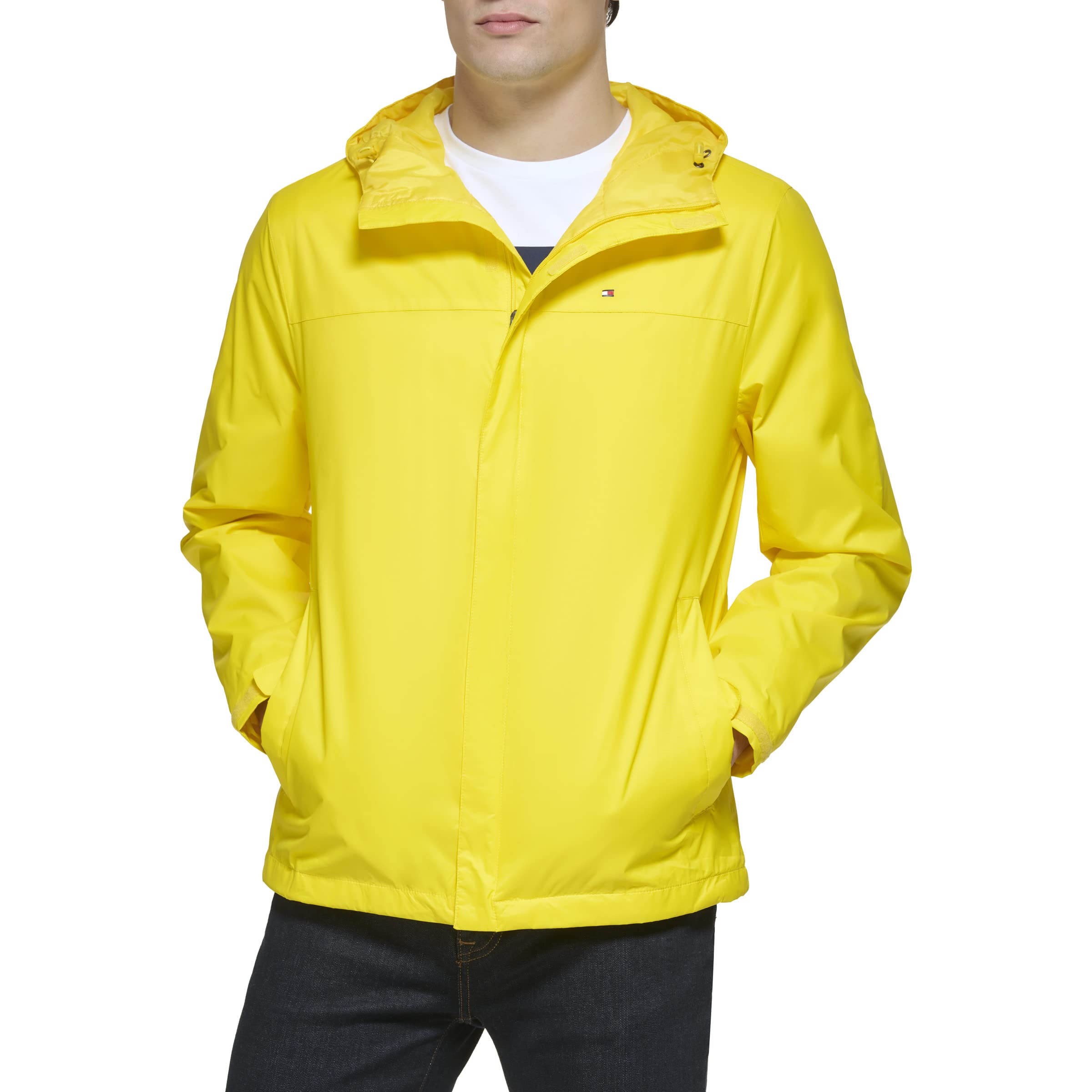 Tommy Hilfiger Men's Cyber Yellow Lightweight Breathable Waterproof Hooded Rain Jacket, 2X