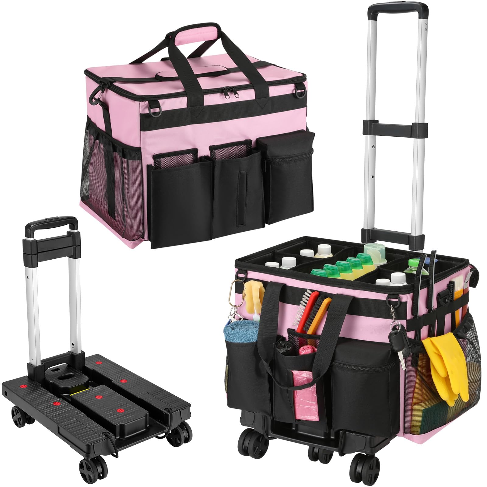Housolution Extra Large Rolling Cleaning Caddy Bag with Wheels, Pink