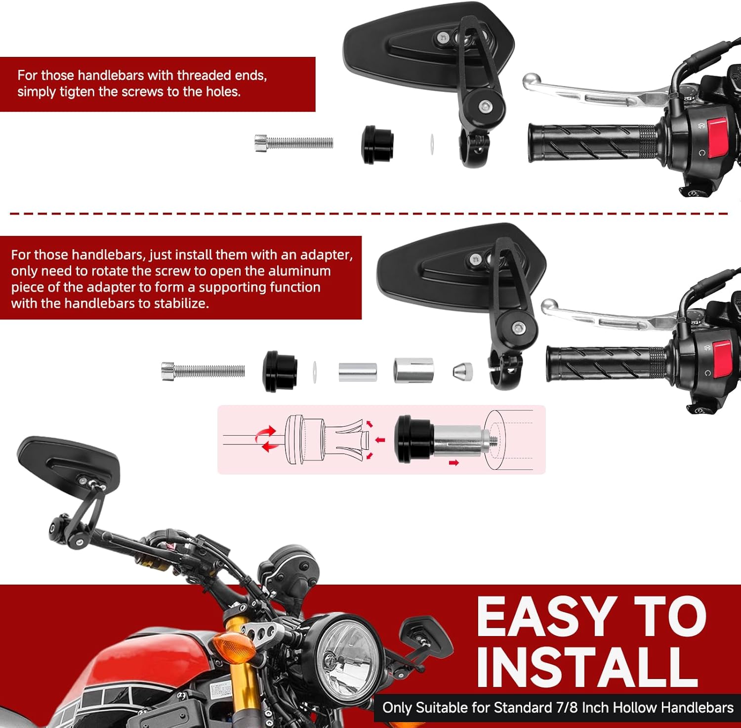 Rich Choices Universal Black Motorcycle 22mm 7/8'' Bar end Rear View Mirrors GROM MSX125 CB500F Z125 pro Z650 Z750 Z800 Z900 MT-03 MT-07 FZ-07 MT-09 FZ-09 MT-10 FZ-10 MT-25 FZ6 FZ8 FZ6R SV650 SV1000