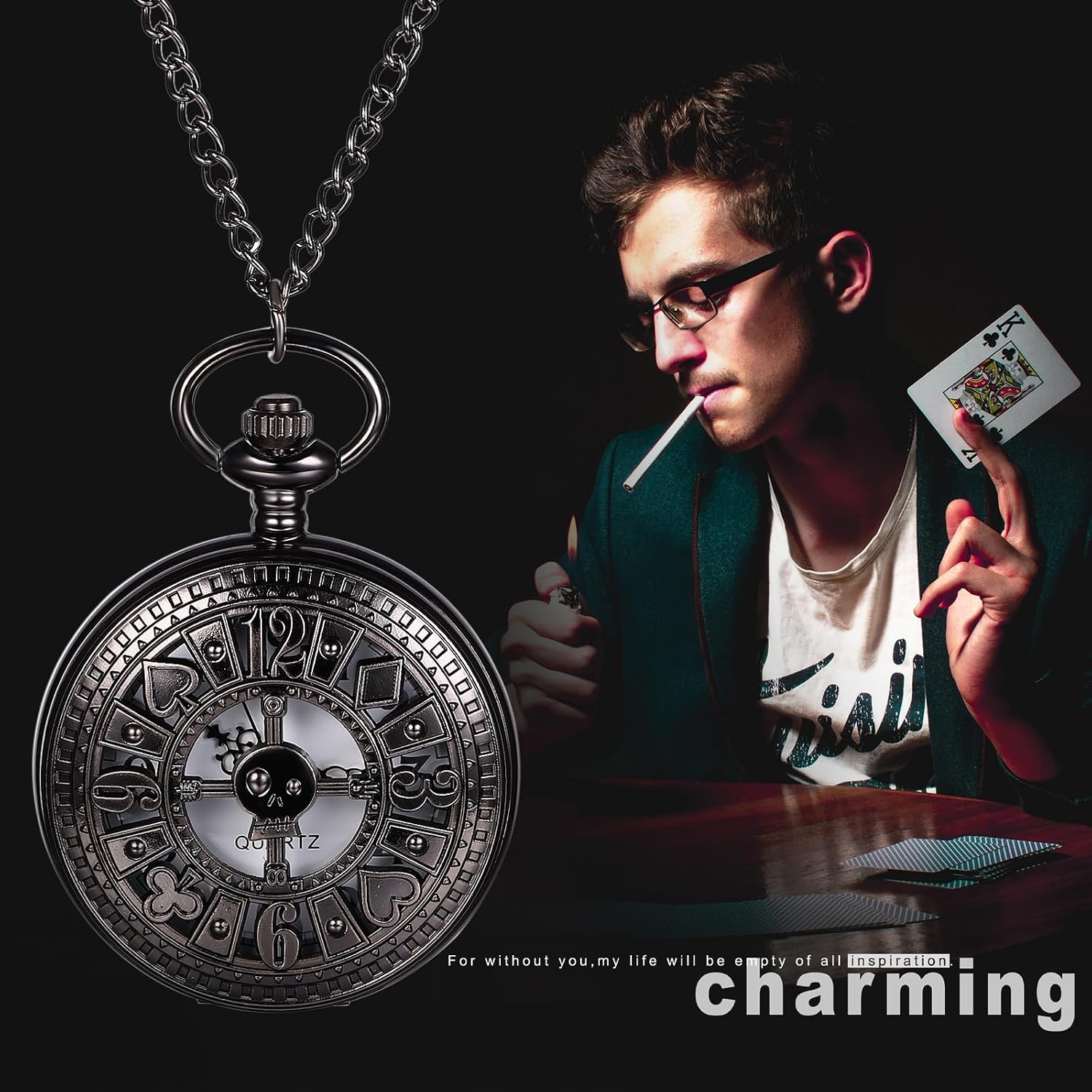 JewelryWe Steampunk Poker Pocket Watch: Men Women Vintage Round Analog Quartz Watch Classic Pendant Necklace Watch with Chain for Mother's Day