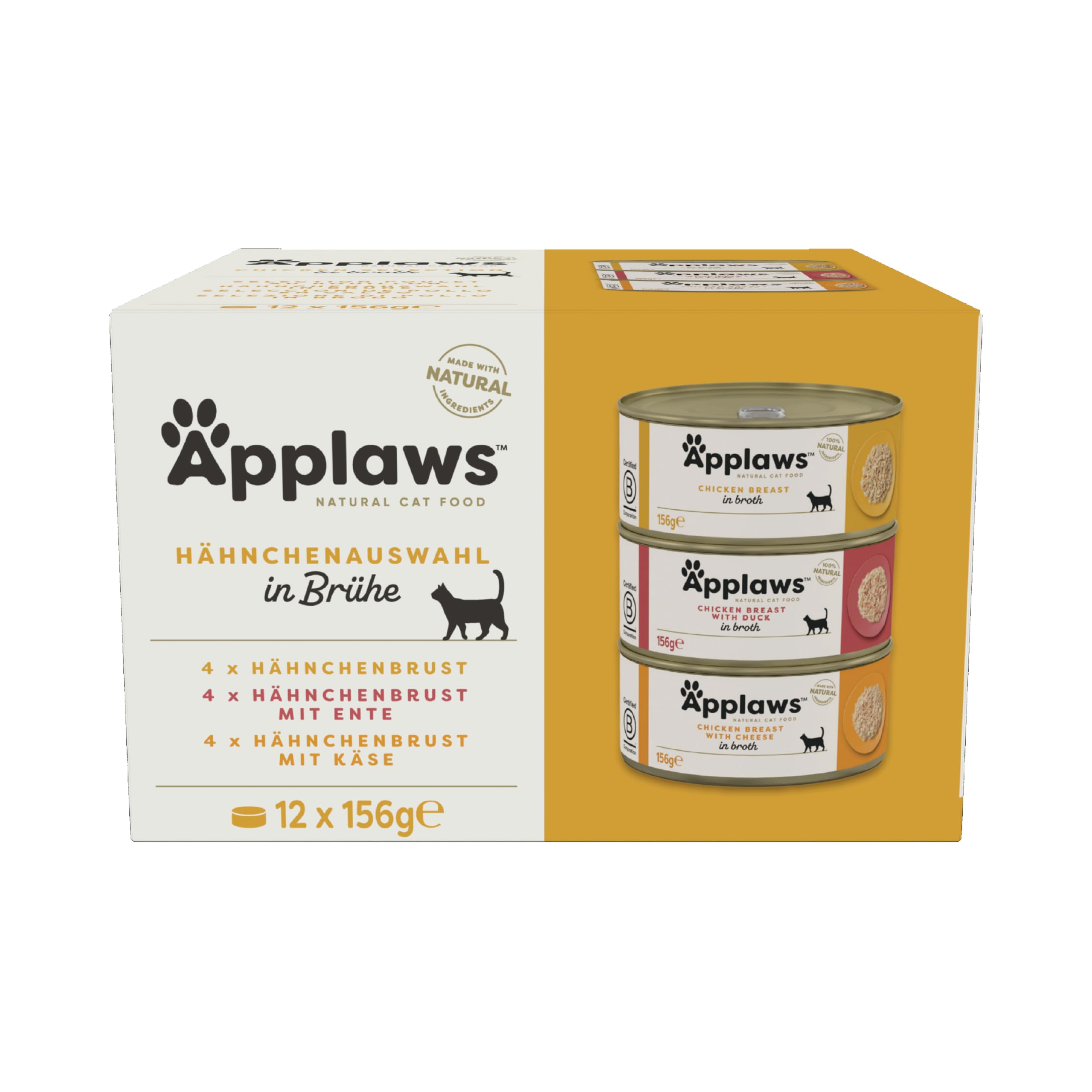 Applaws 100% natürliches Premium-Nassfutter für Katzen, Hühnerauswahl-Multipack in Brühe - Packung mit 12 x 156g Dosen