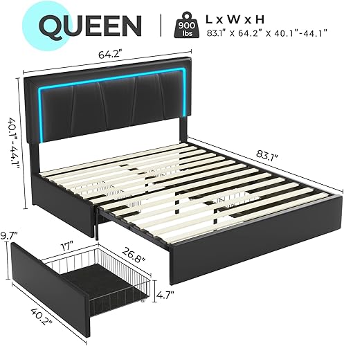 Miniatura 6 de Hasuit Base de cama Queen con 4 cajones de almacenamiento debajo, plataforma tapizada tamaño Queen con cabecera de cuero artificial, cama moderna