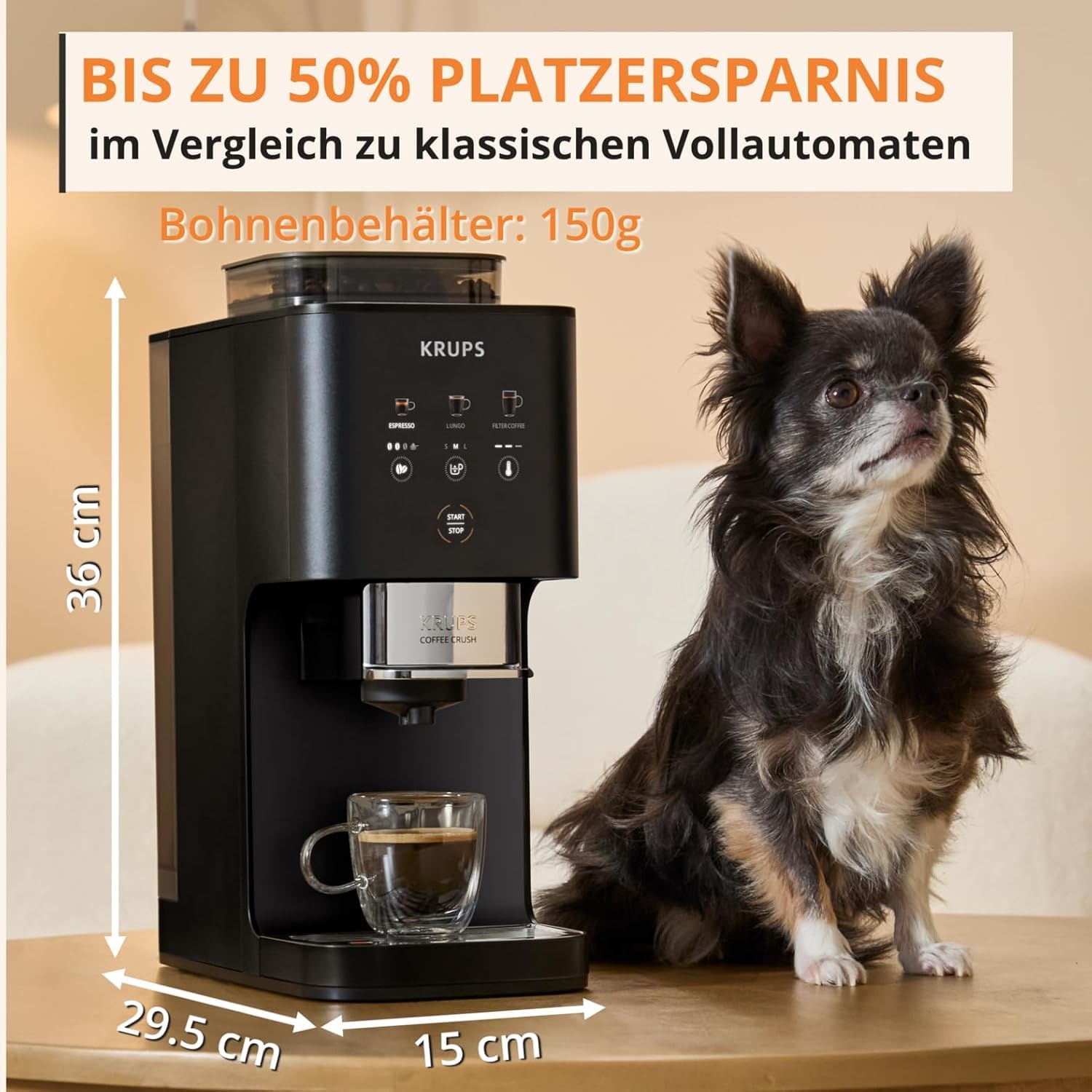 KRUPS Kaffeevollautomat Coffee Crush SA4028E0 mit elektrischem Milchaufschäumer XL1008 – Edelstahlmahlwerk, 15 cm schmal, Frisch- & Pulverkaffee, 150 ml Milchschaum, Schwarz