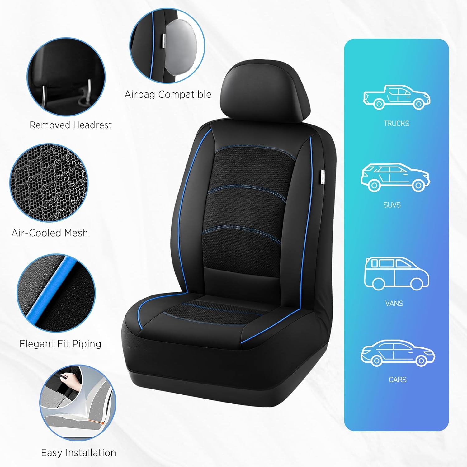 Road Comforts Car Seat Covers, Leather Front Seat Covers with Piping, Air-Cool Mesh Designed, Airbag Compatible Automotive Seat Covers for Most Car, Truck, Van, SUV - Black with Blue Piping