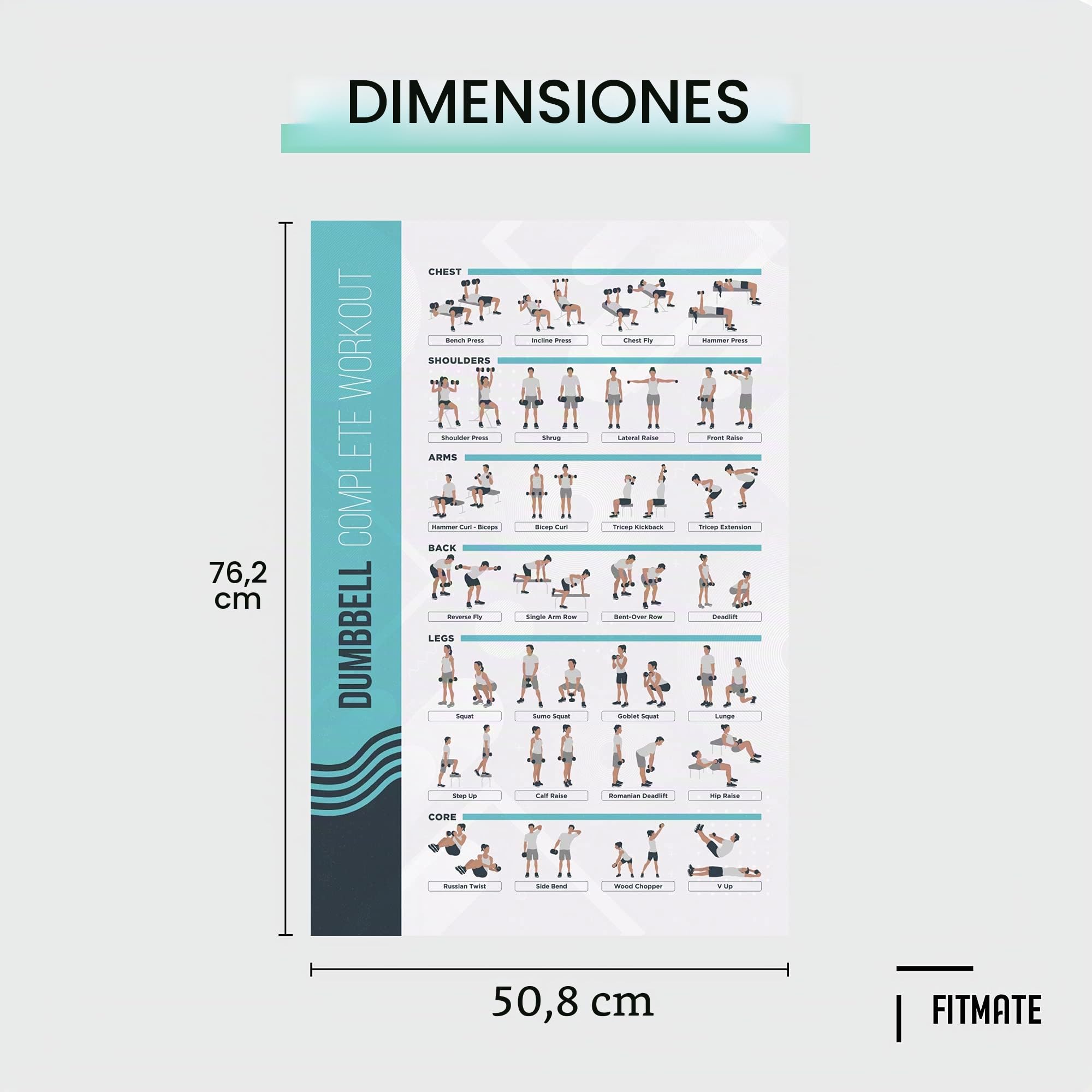 PosterMate Póster Ejercicio en Casa Pesas y Mancuernas Fitmate - Pack 8 Tablas Ejercicios Gimnasio con Pesos Libres, Kettlebell, Calistenia - Ejercicios Fitness en Casa Tabla de Rutinas (51 x 76 cm)