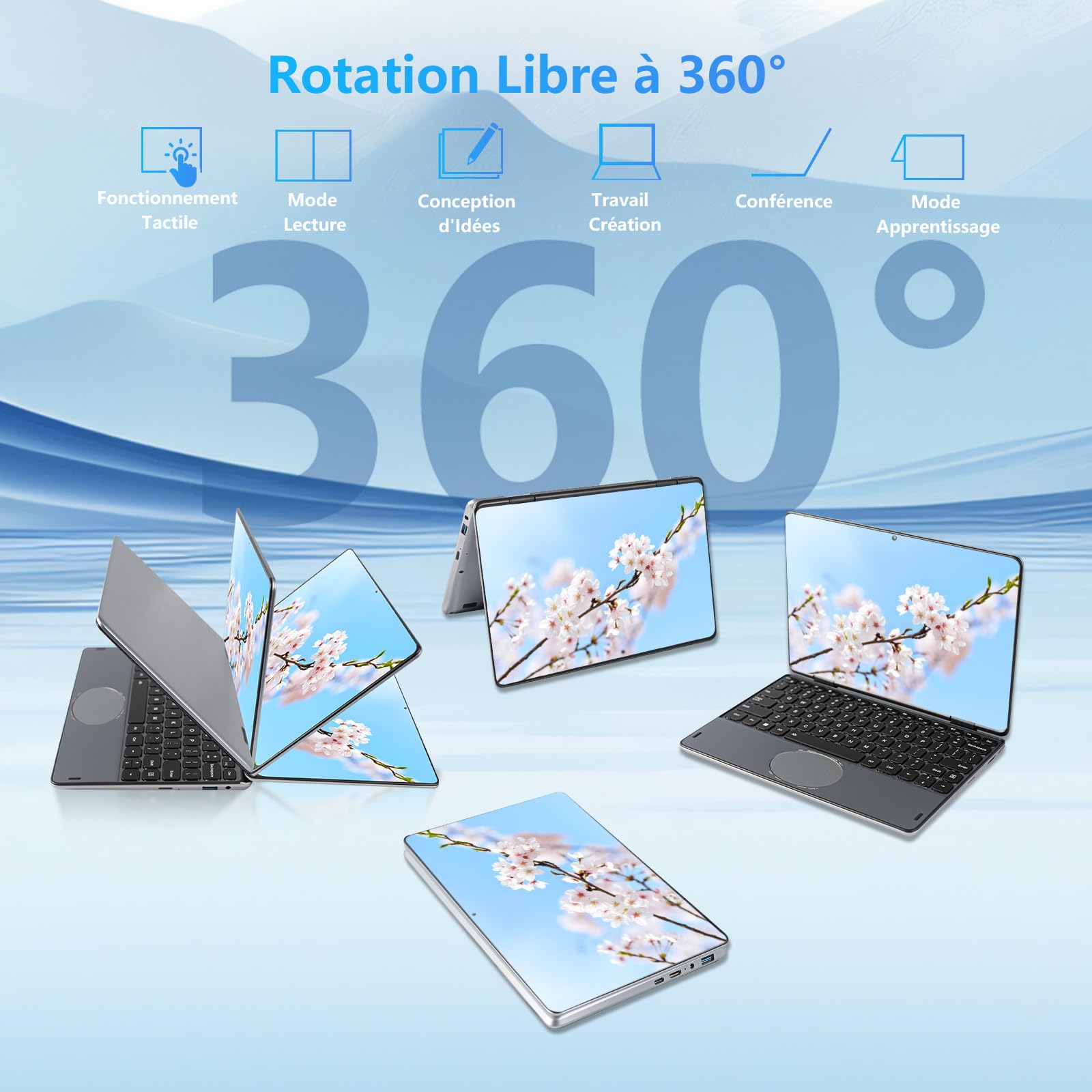 Ordinateur Portable 2-en-1 11 Pouces Tactile Celeron N100 16 Go DDR4 1920x1200 IPS Clavier Rétroéclairé Gris