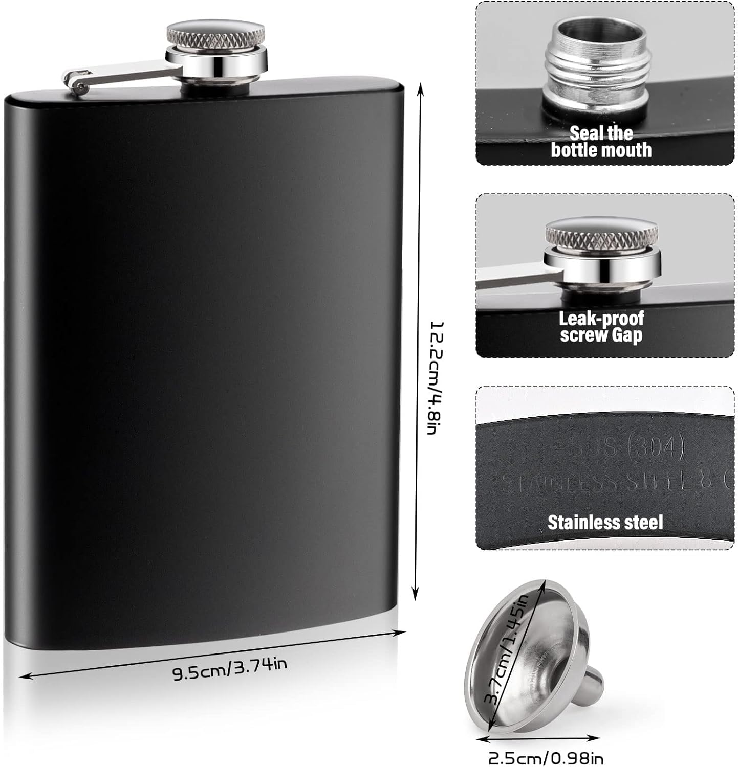 12 Pack 8 Oz Hip Flask for Liquor Matte Black Stainless Steel Leakproof with 12 Funnel for Gift, Fishing, Camping, Hunting, Hiking, Wedding Party, Traveling(Black) - Image 2