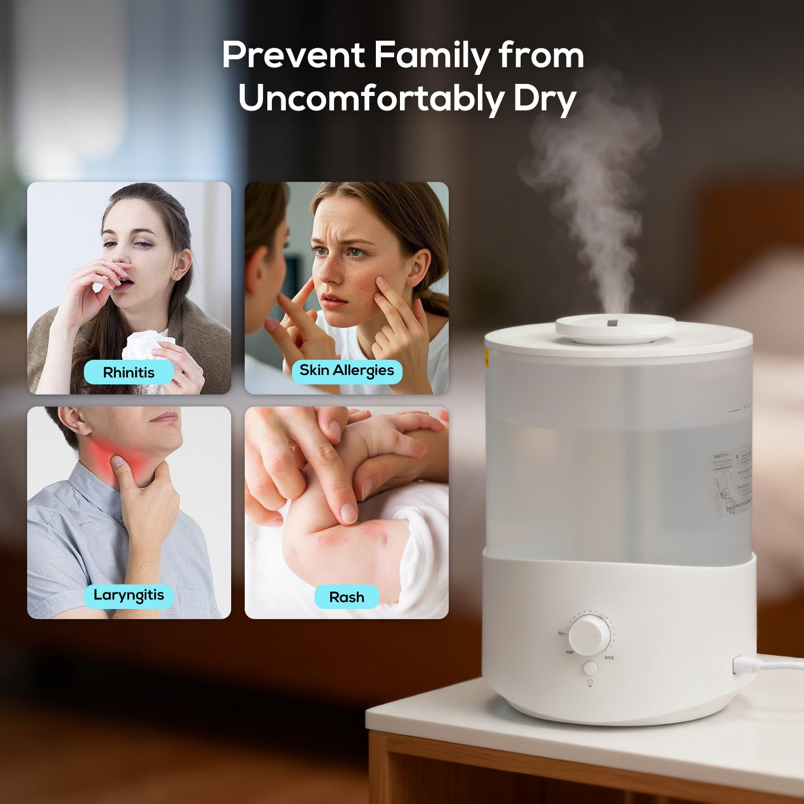 Romon Humidificador Aire 2.5L Blanco, Hasta 28H para humificadores silencioso para Dormitorio, Hasta 28H, Nebulización 360° humidifier aceites esenciales para Plantas, Apagado Automático, 7 luces LED