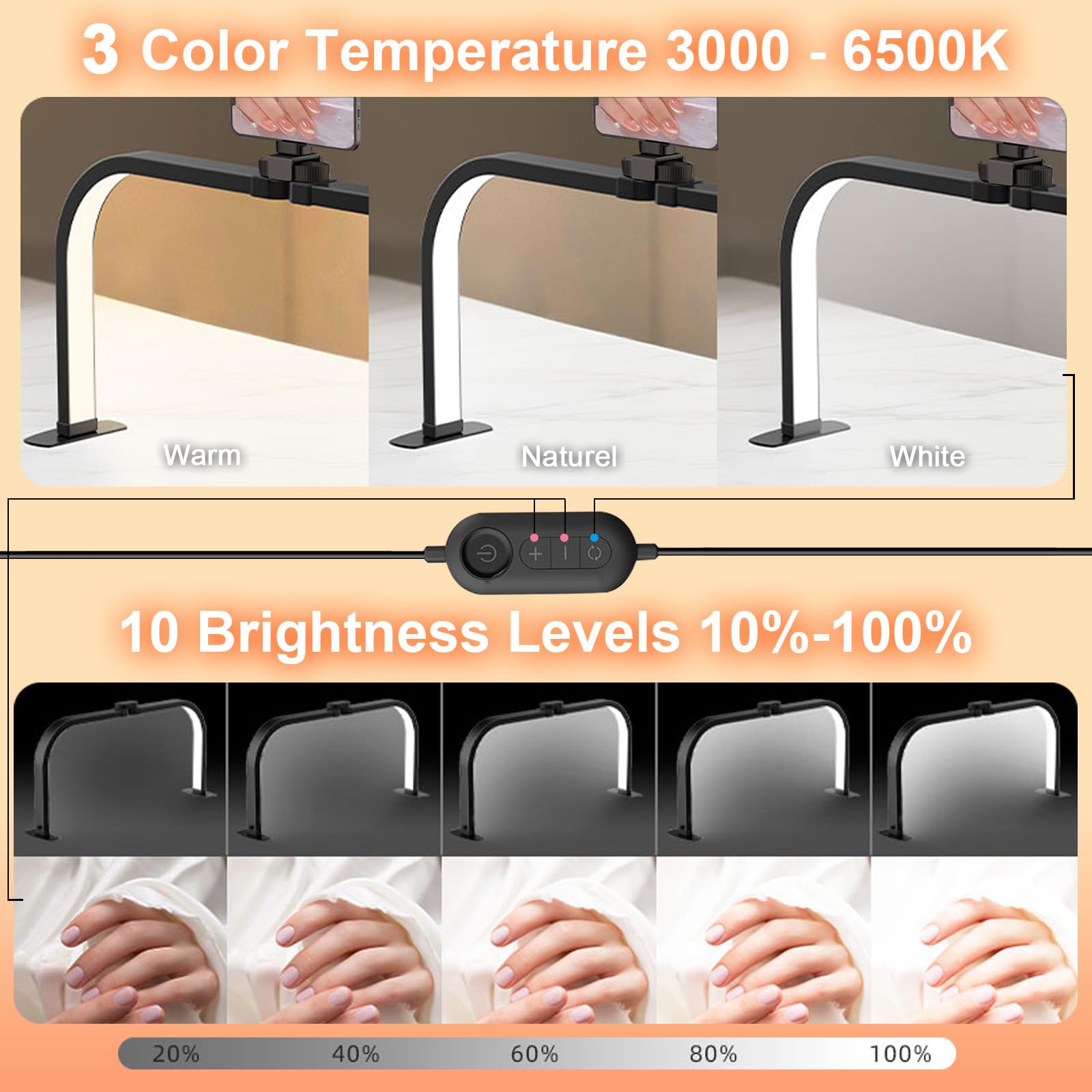 70CM Halbmond Lampe Nägel, 40W Faltbar Nageltisch Lampe, Halbmond Lampes mit Handyhalterung 3000-6500K Einstellbares Licht für Wimpern Maniküre Tätowieren (Black)